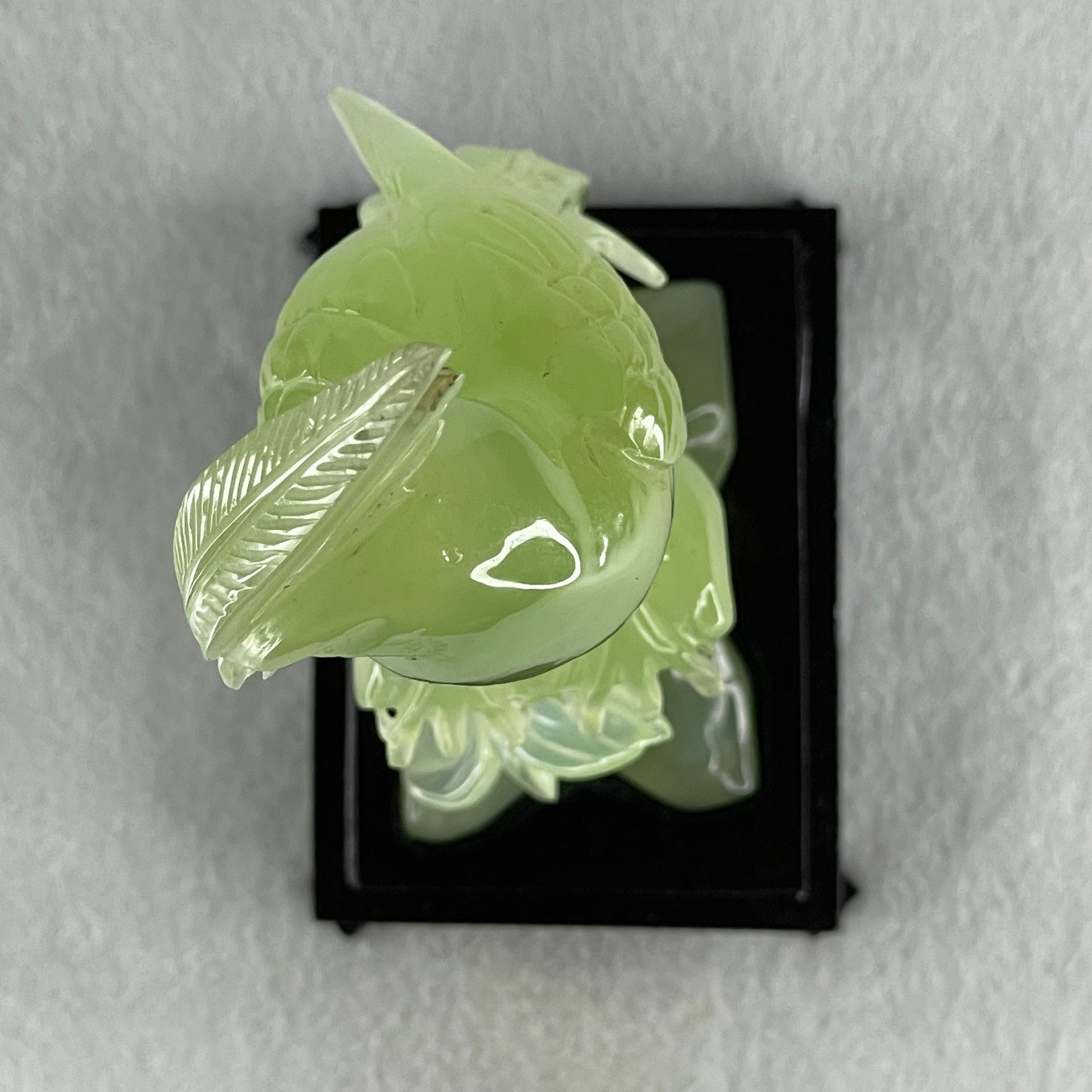 Natural Green Serpentine Phoenix on Tree with Wooden Stand Display 507.8g 114.0 by 265.0 by 84.0mm - Huangs Jadeite and Jewelry Pte Ltd