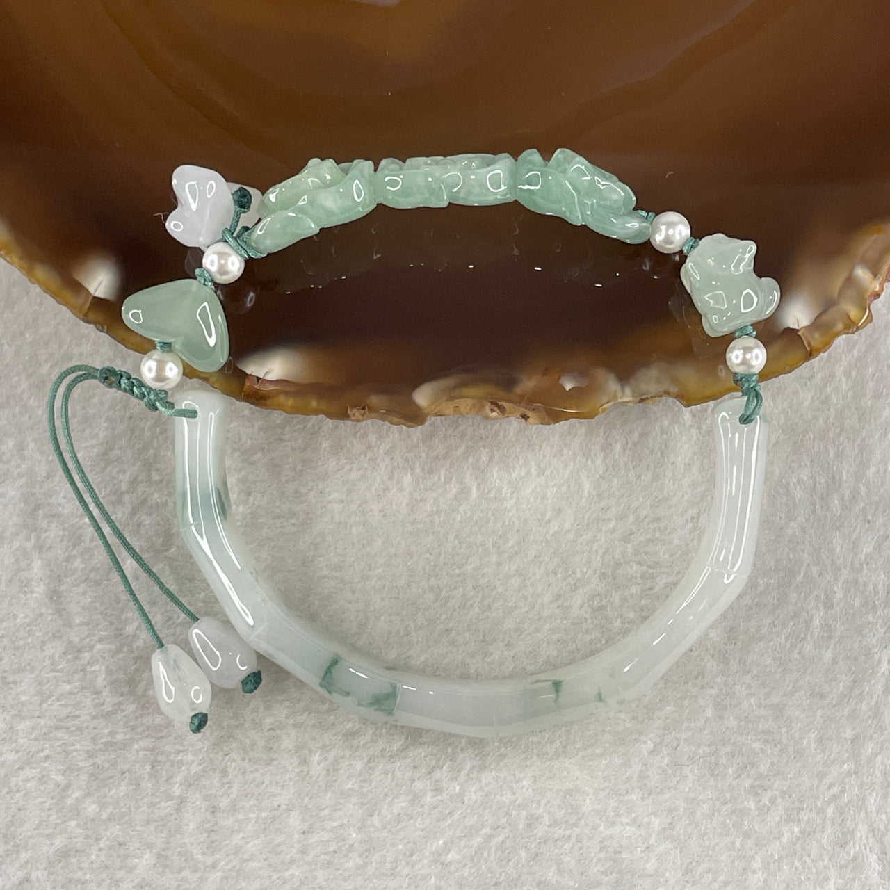 Natural Type A Jelly Light Green with Green Piao Hua Jadeite Bamboo with Flower Bracelet 26.10g 16cm 10.1 by 6.3mm - Flower 43.6 by 11.8 by 6.8mm