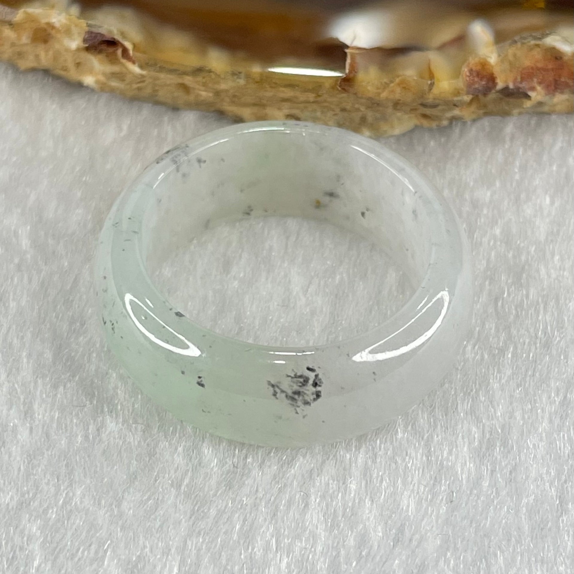 Type A Faint Lavender Green Close to White with Wuji Black Grey Patches Jadeite Ring 5.52g 8.8 by 3.6mm US9.3 HK20.8 - Huangs Jadeite and Jewelry Pte Ltd