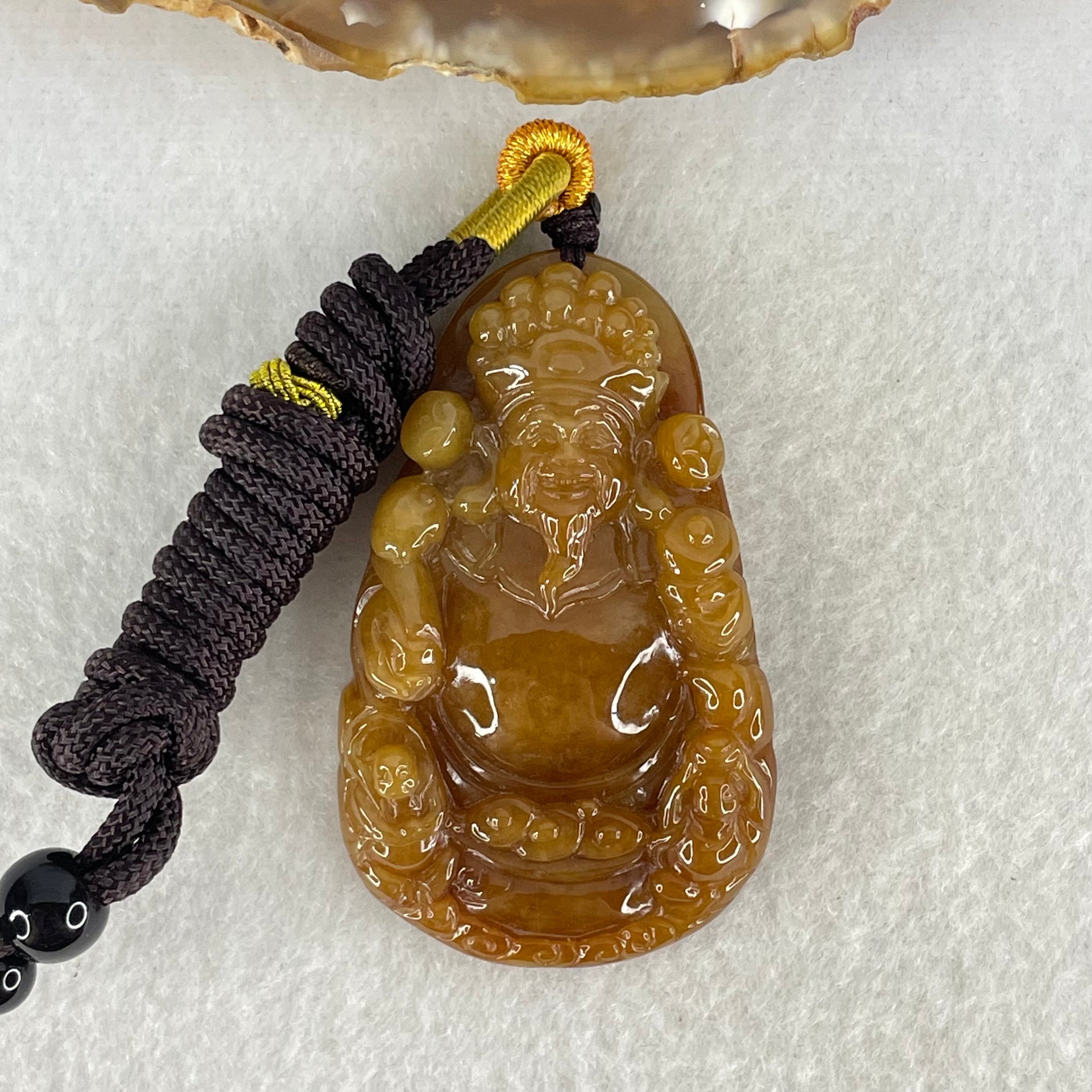 Grand Master Type A Brownish Red with Green Jadeite Cai Shen Ye God of Fortune Pendant 27.91g 53 by 32.7 by 10.5mm - Huangs Jadeite and Jewelry Pte Ltd