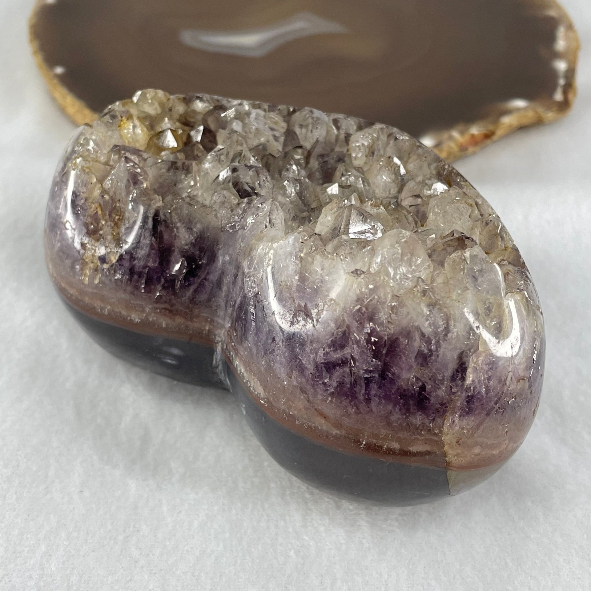 Natural Amethyst with White Milky Quartz Heart with Wooden Stand 744.9g 113.2 by 88.5 by 101.5mm - Huangs Jadeite and Jewelry Pte Ltd