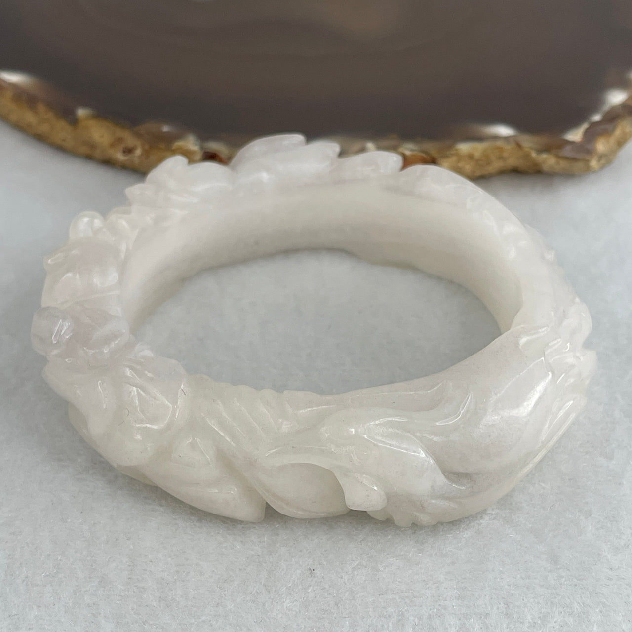 Natural White Calcite Carved Phoenix & Lotus Flower Bangle | Mythical Fenghuang Sacred Blossom Armlet (81.54g 19.6 by 13.0mm | 57.0mm Inner Diameter | Close to Perfect)