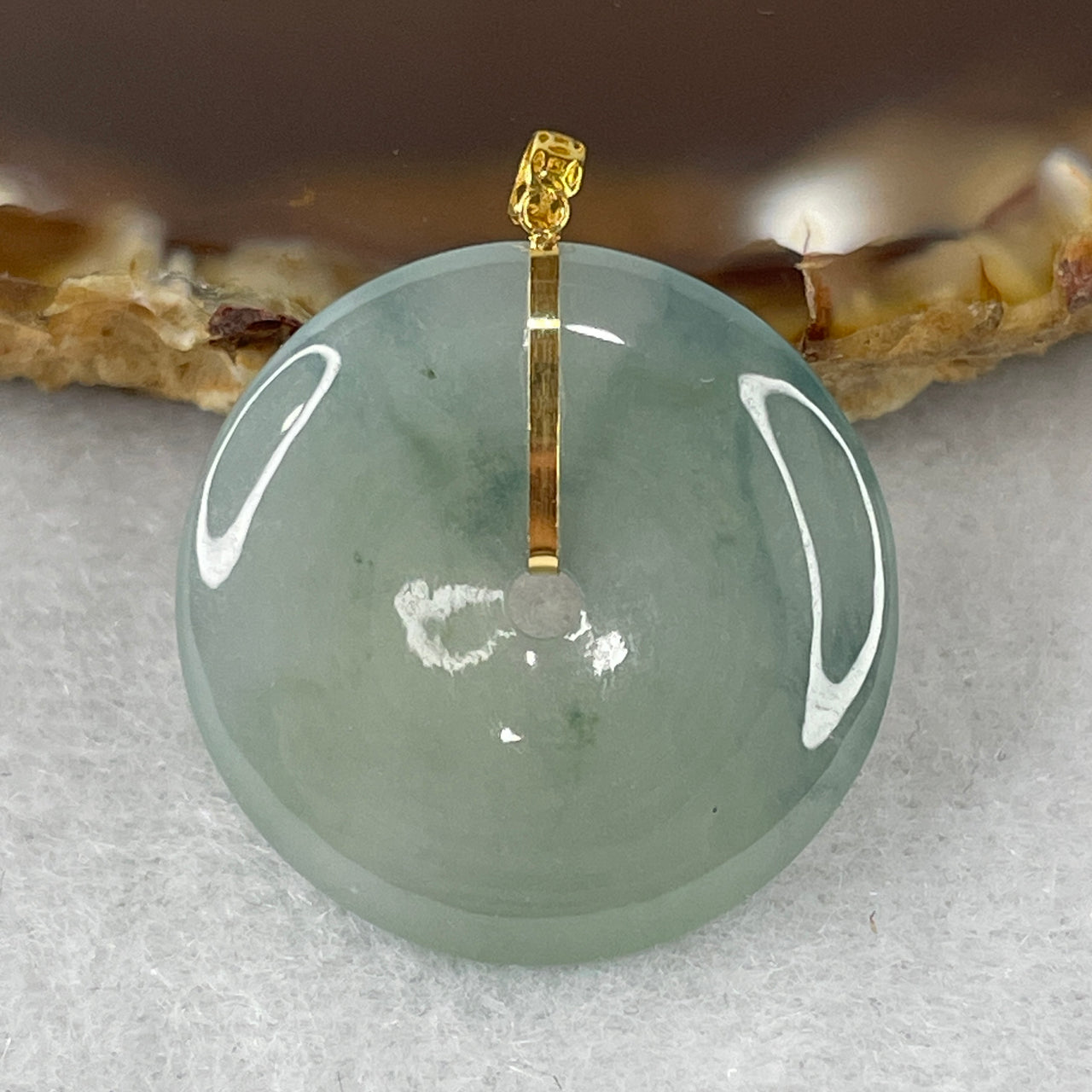 Certified Natural Type A Semi-Icy Green & Blueish-Green Piao Hua Jadeite Donut Pendant | Premium 18K Solid Gold Clasp | Authentic Myanmar Feicui "Ping'an Kou" Safe & Peaceful Talisman (4.91g | 22.5x3.7mm)