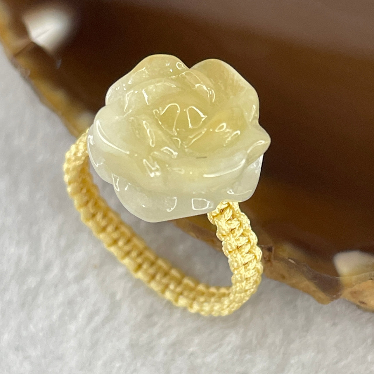 Natural Type A Light Yellow Jadeite Flower String Elastic Ring 2.75g 13.7 by 14.2 by 7.7mm US 7 HK 16.5
