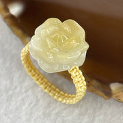 Natural Type A Light Yellow Jadeite Flower String Elastic Ring 2.75g 13.7 by 14.2 by 7.7mm US 7 HK 16.5 - Huangs Jadeite and Jewelry Pte Ltd