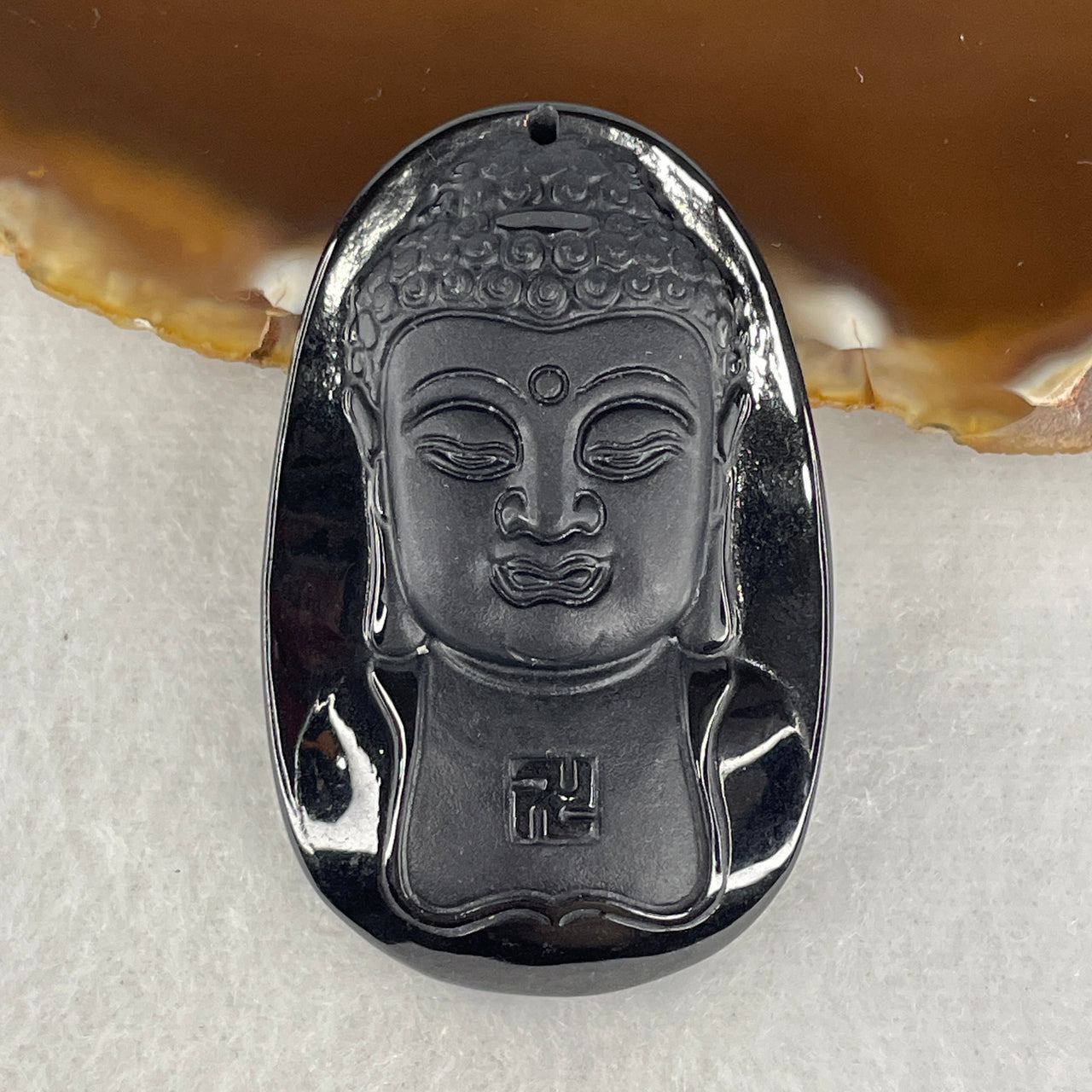 Certified Type A Opaque Black Omphacite Jadeite Amitabha Buddha Pendant | 51mm Natural Black Jade Infinite Light & Longevity Amulet (19.40g | 51.5 x 33.2 x 8.4mm)