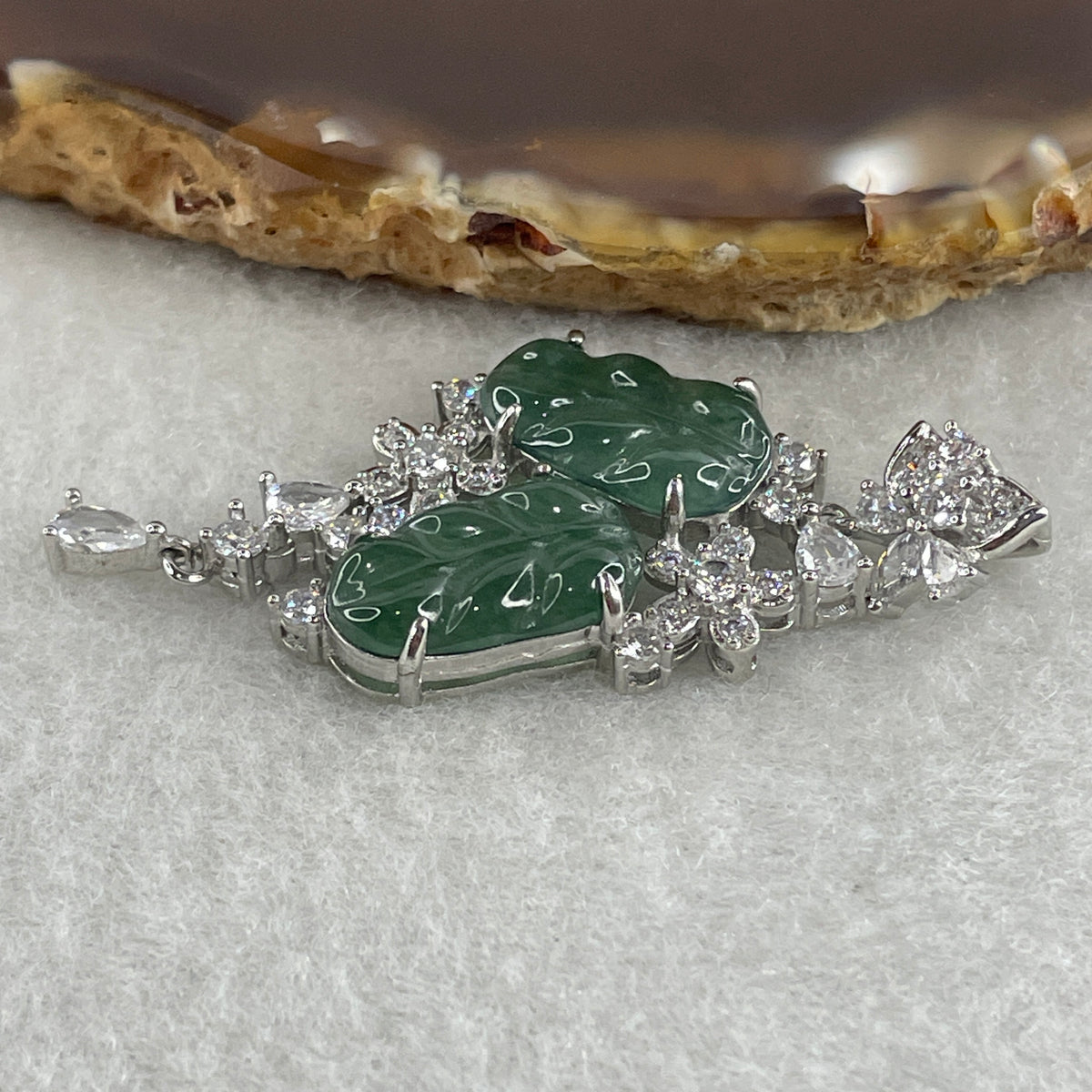 Natural Type A Icy Blueish Green Jadeite Double Leaf Pendant in S925 Silver |  (4.97g | 14.5 x 9.5 x 1.5mm | Double Growth & Executive Success Anchor, Feng Shui Prosperity & Harmony Pendant) - Huangs Jadeite and Jewelry Pte Ltd