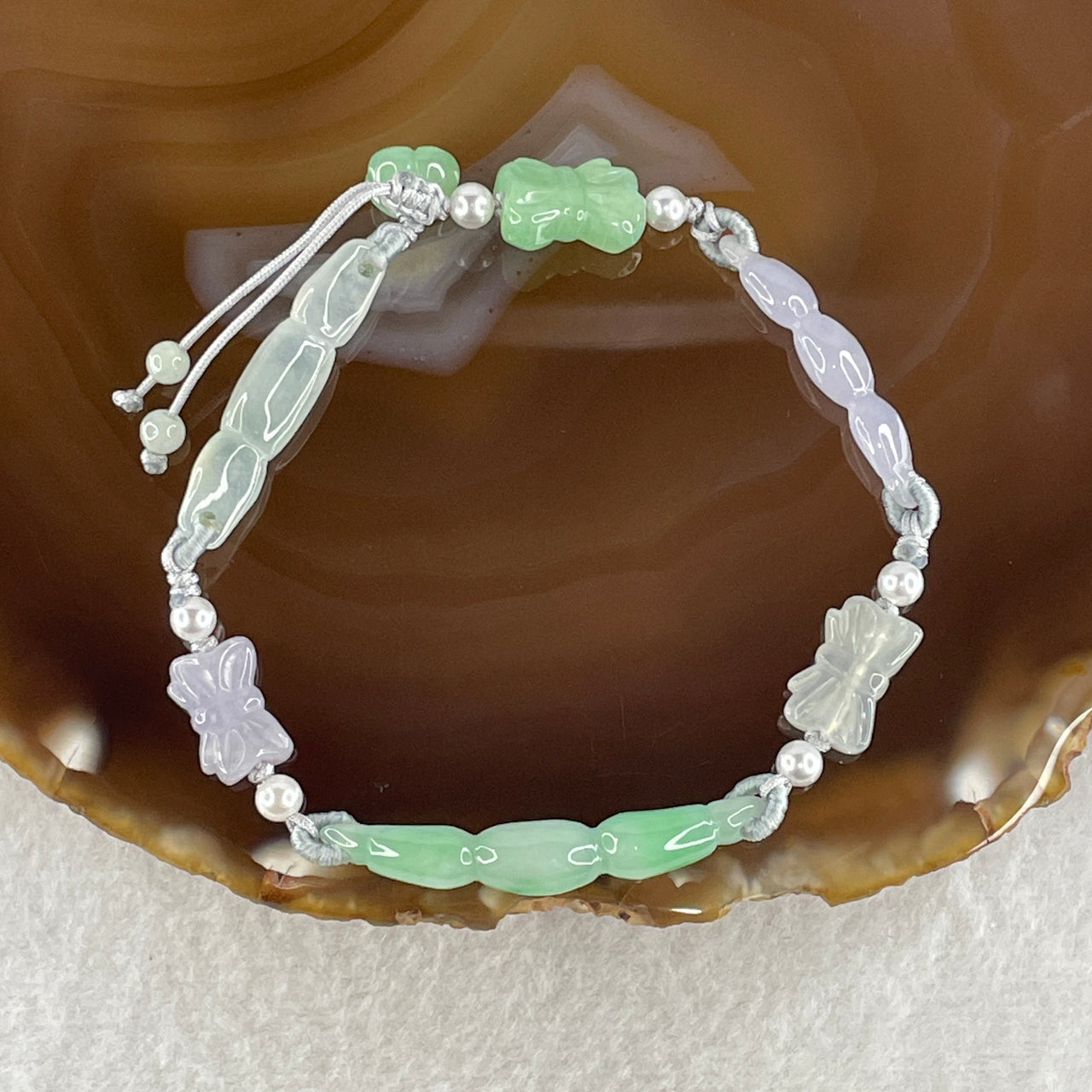 Natural Type A Semi Icy Green with Lavender Jadeite Lotus Root with Butterfly Bracelet 9.76g 16cm 9.1 by 4.3mm Lotus Root - 6.6 by 5.7mm Butterfly