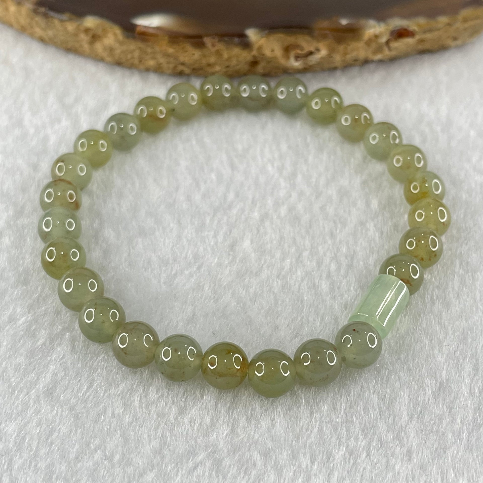 Type A Brownish Semi Icy Light Blueish Green and Yellow Jadeite Beads with White Lulu Tong Bracelet 13.12g 15.5cm 6.5cm 27 Beads 8.5 by 5.8 1pcs - Huangs Jadeite and Jewelry Pte Ltd