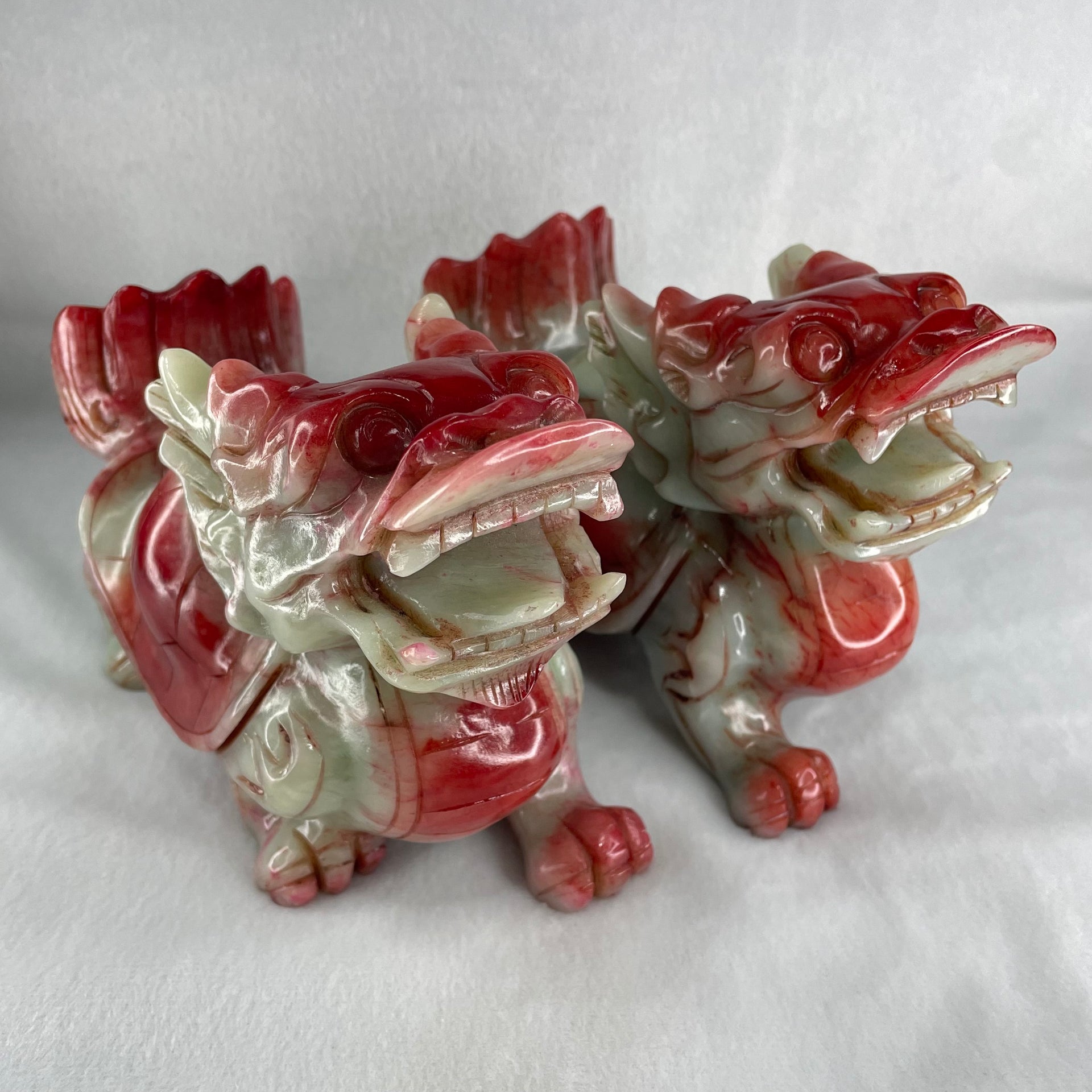 Antique Natural Red Green Marble Long Gui Dragon Turtle Pair Total Weight 2,753.5g each about 155.0 by 70.0 by 11.0mm (Slight Chips) - Huangs Jadeite and Jewelry Pte Ltd