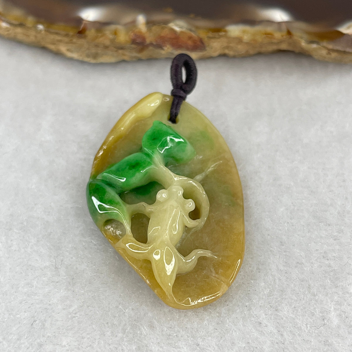 Natural Type A Brownish with Green Jadeite Fish with Leaf Pendant | Abundant Wealth & Rooted Harmony (9.02g | 37.9x24.6x9.6mm)