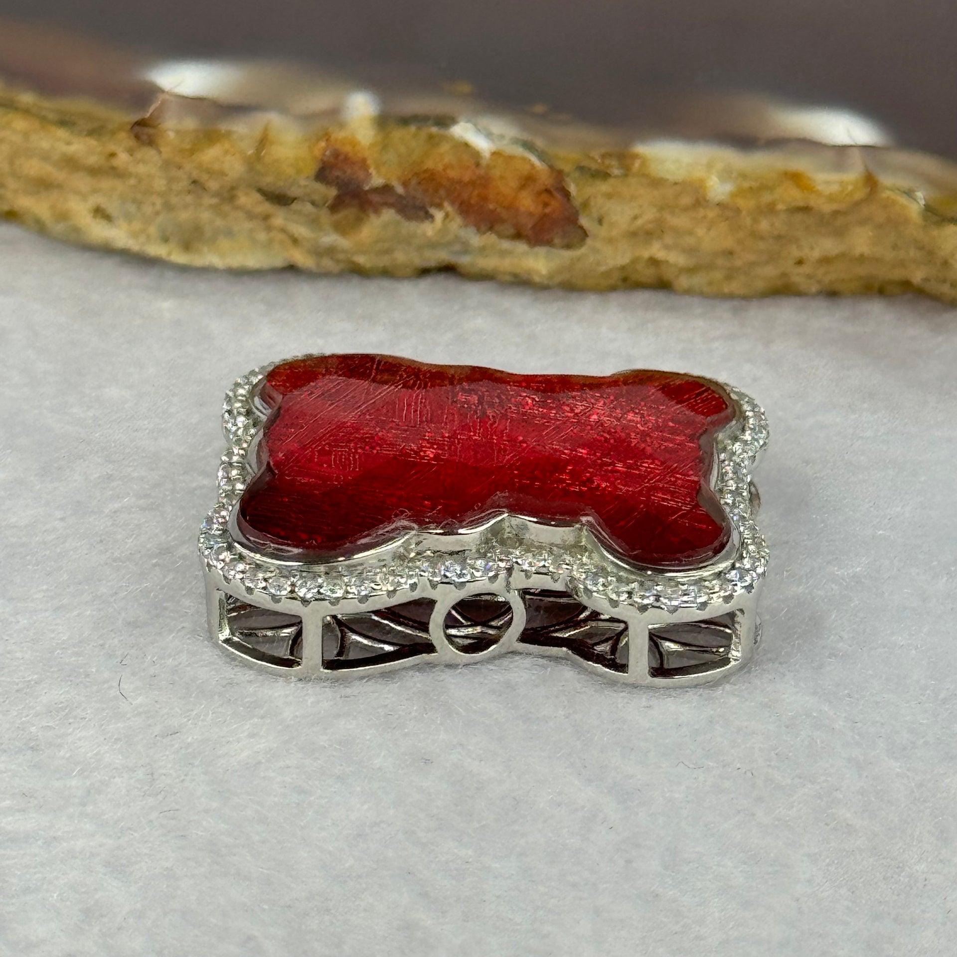 Natural Meteorite Bear Charm in S925 Silver with Crystals For Necklace / Bracelet (Red Color) 7.54g 26.3 by 21.3 by 8.5mm - Huangs Jadeite and Jewelry Pte Ltd