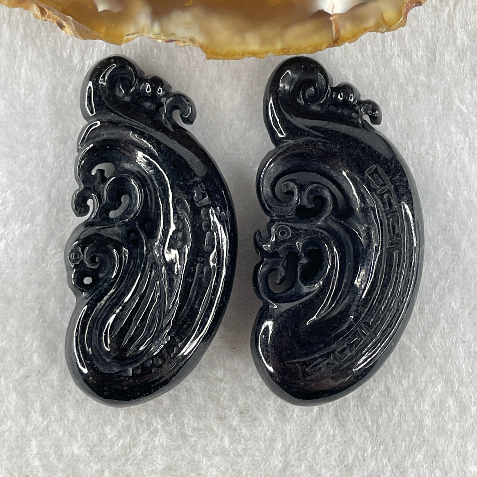 Type A Opaque Black Omphacite Jadeite Dragon 12.51g 42.4 by 20.6 by 8.2mm and Phoenix 13.27g 42.6 by 20.7 by 8.7mm Pair Pendant - Huangs Jadeite and Jewelry Pte Ltd