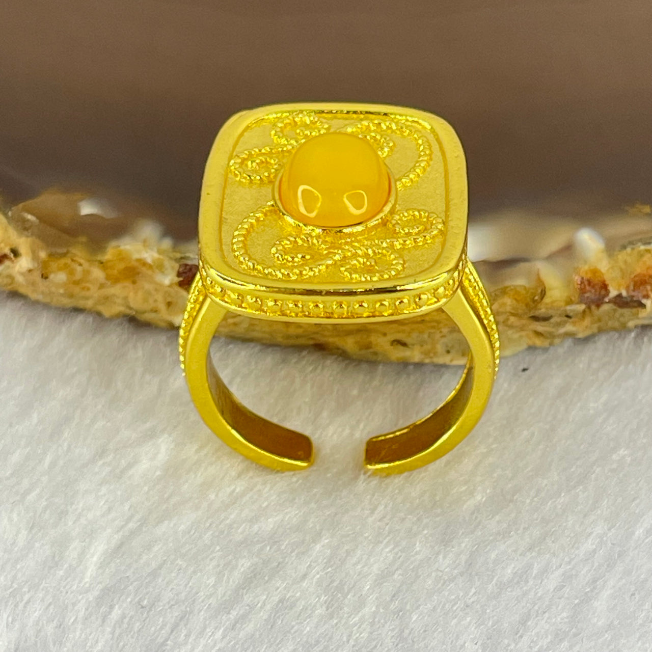 Natural Butterscotch Amber in  Sliver Gold Color Ring (Adjustable Size) 7.49g 10.1 by 6.7 by 3.5mm - Huangs Jadeite and Jewelry Pte Ltd