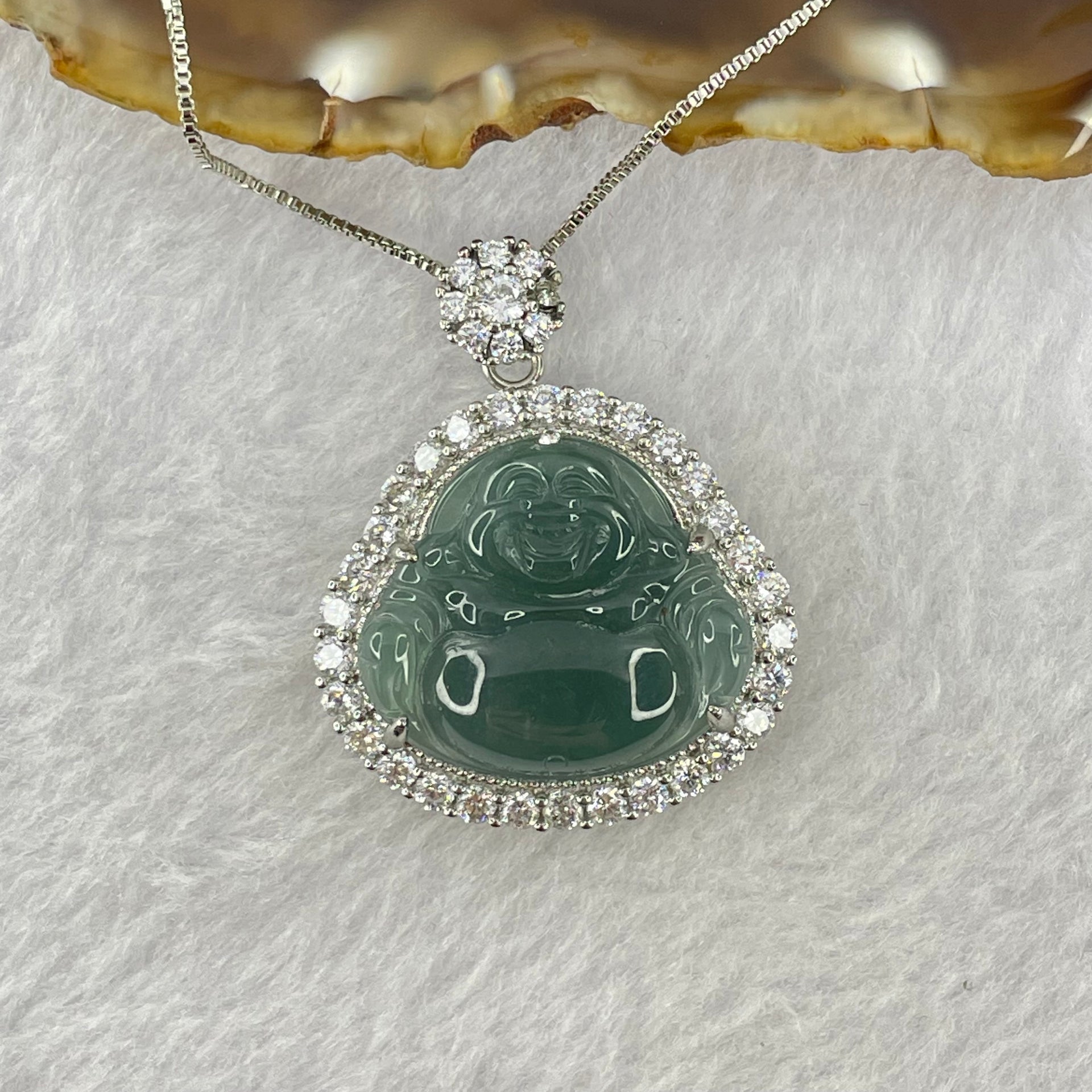 Type A Icy Blueish Green Jadeite Milo Buddha Pendent with Crystals in S925 Sliver Setting and Chain 11.73g 20.8 by 23.5 by 3.5mm - Huangs Jadeite and Jewelry Pte Ltd