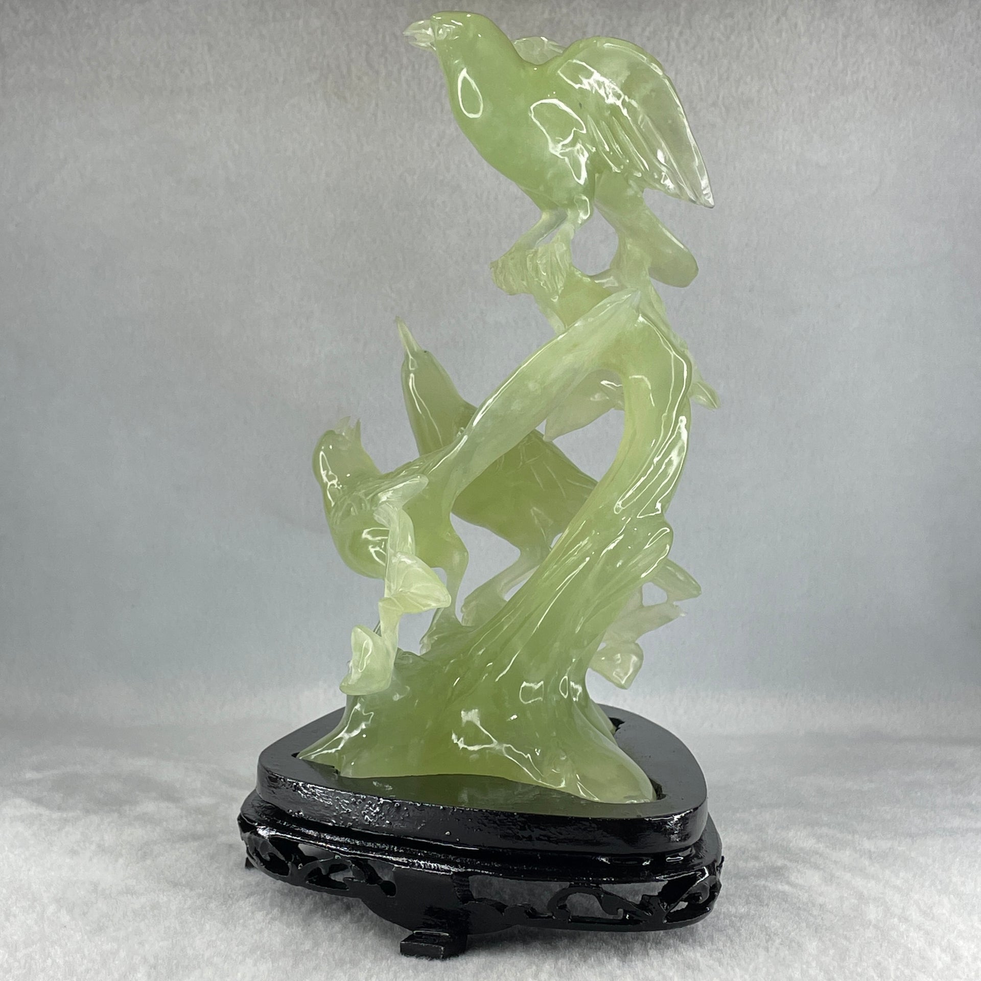 Natural Green Serpentine 3 Magpies Birds on Tree with Wooden Stand Display 807.0g 175.0 by 120.0 by 200.0mm - Huangs Jadeite and Jewelry Pte Ltd