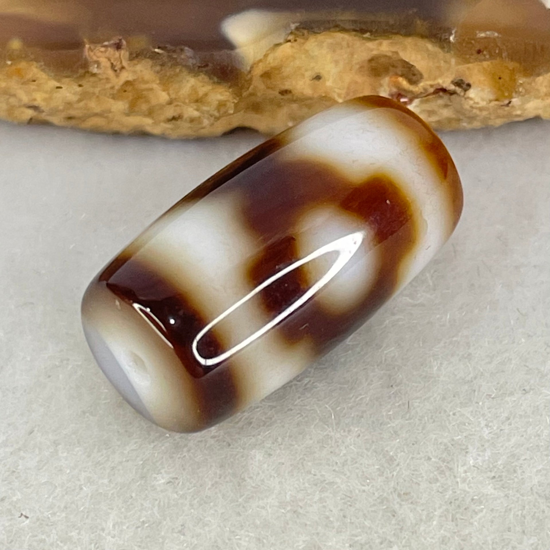 Natural Powerful Tibetan Old Oily Dark Brown With White Agate 3 Eyes Dzi Bead Heavenly Master (Tian Zhu) 三眼天诛 3.92g 19.6 by 10.8mm - Huangs Jadeite and Jewelry Pte Ltd