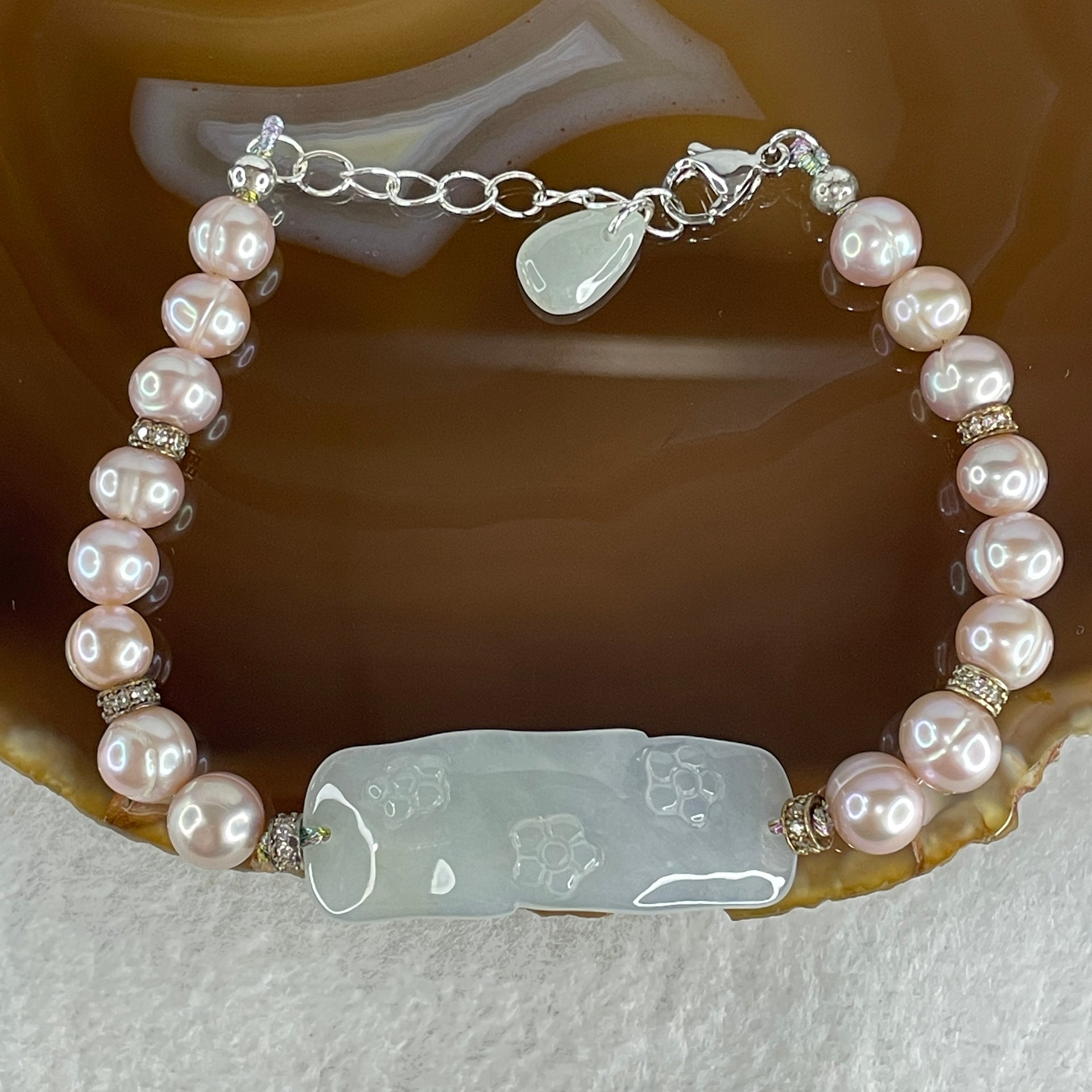 Natural Type A Semi Icy Light Lavender Jadeite Flower with Faux Pearl Beads Bracelet 13.94g 15-20cm 37.3 by 14.1 by 3.0mm - Huangs Jadeite and Jewelry Pte Ltd