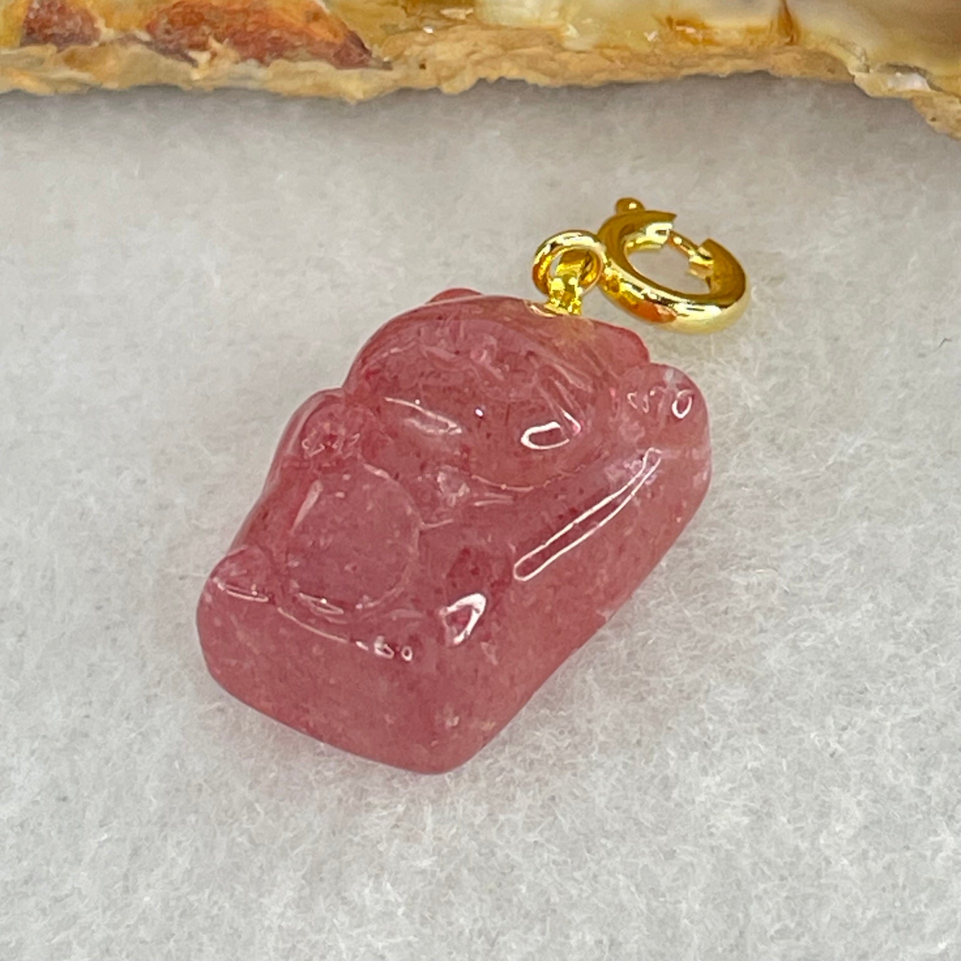 Natural Strawberry Quartz Fortune Cat Charm 3.67g 17.6 by 12.2 by 9.6mm - Huangs Jadeite and Jewelry Pte Ltd