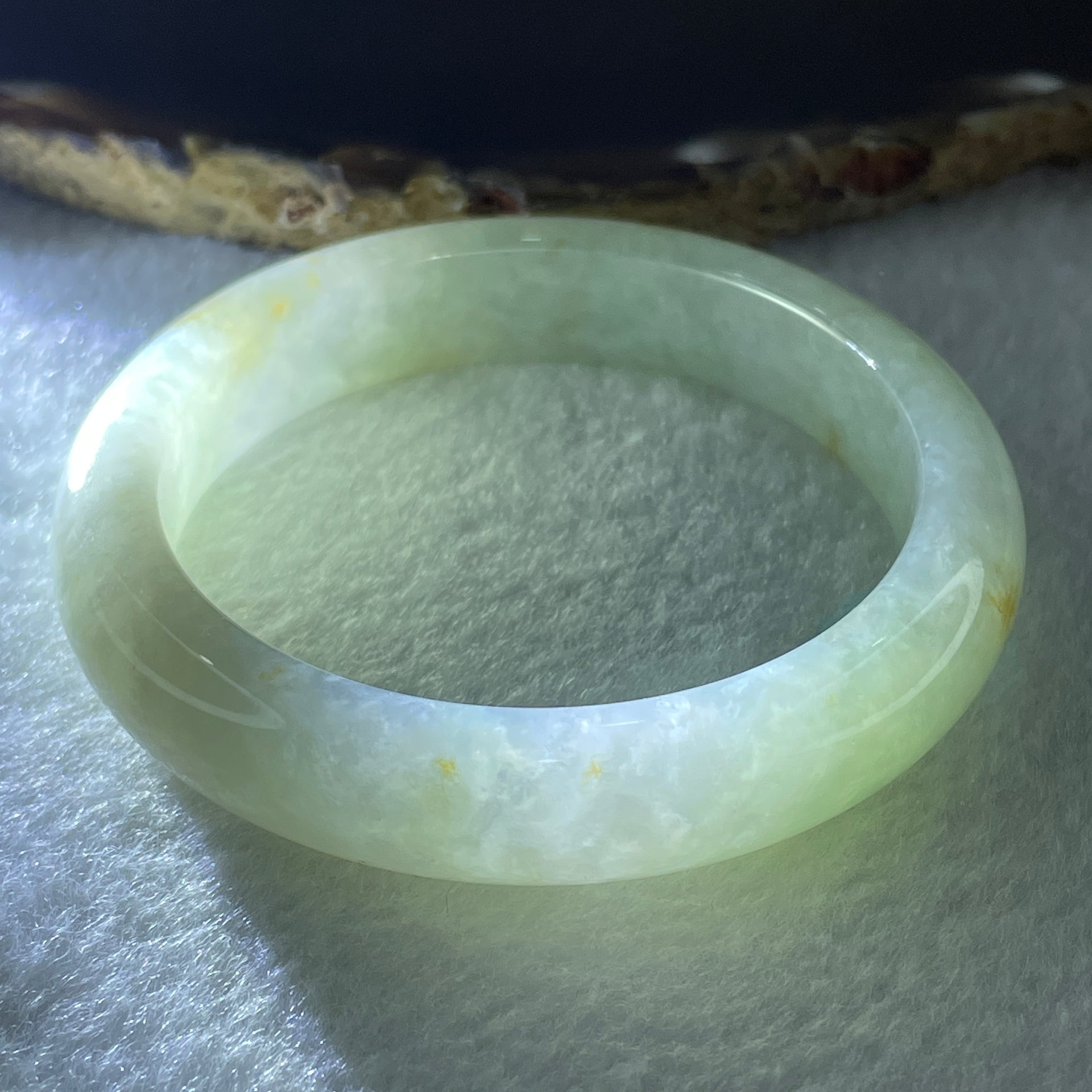 Certified Type A Light Green with Yellowish Spot Jadeite Bangle Internal Diameter 53.1mm 50.30g 12.2 by 8.1mm ( Close to Perfect ) - Huangs Jadeite and Jewelry Pte Ltd