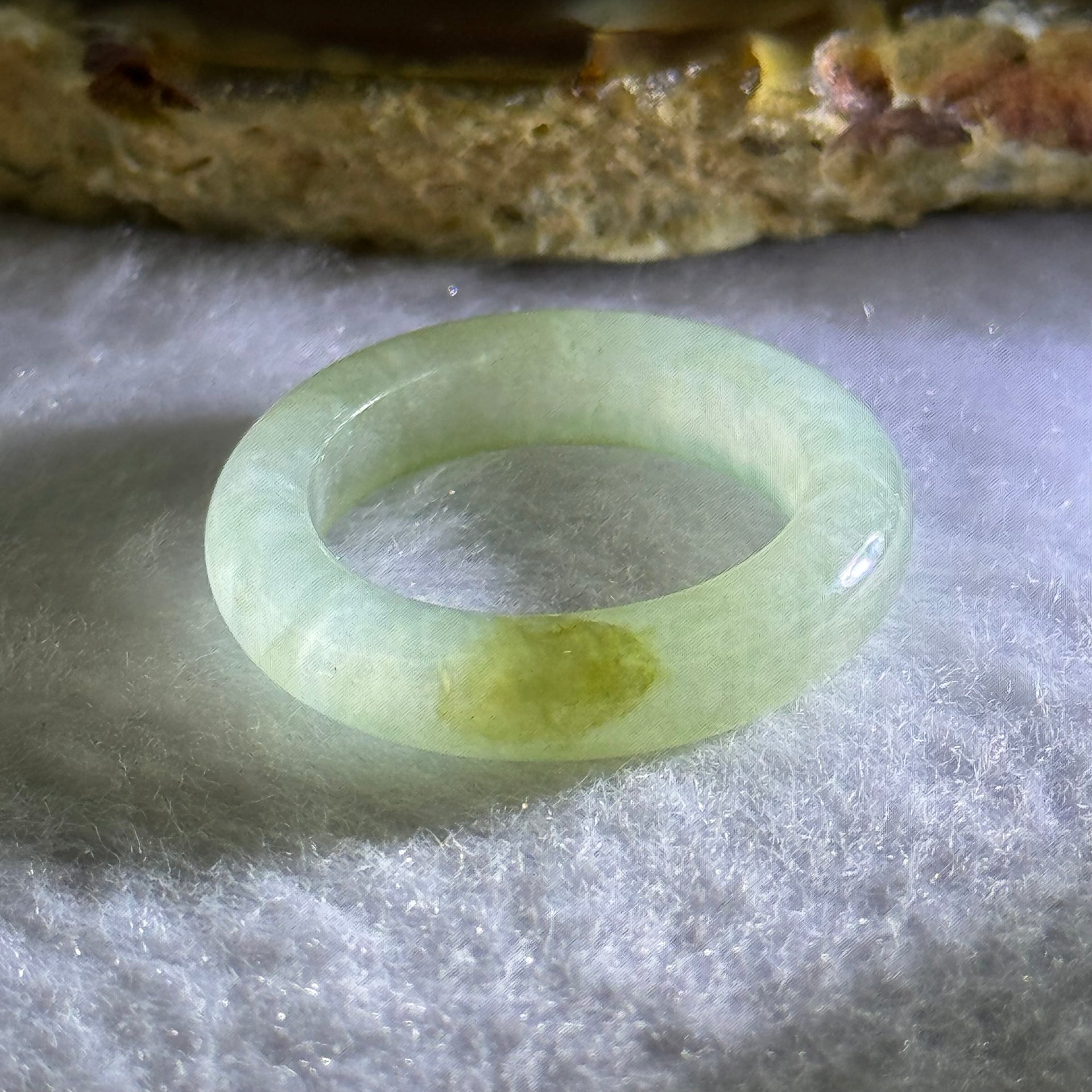 Type A Semi Icy Light Green with Yellow Brown Patch Jadeite Ring 3.26g 5.1 by 3.8mm US7.25 HK16 - Huangs Jadeite and Jewelry Pte Ltd