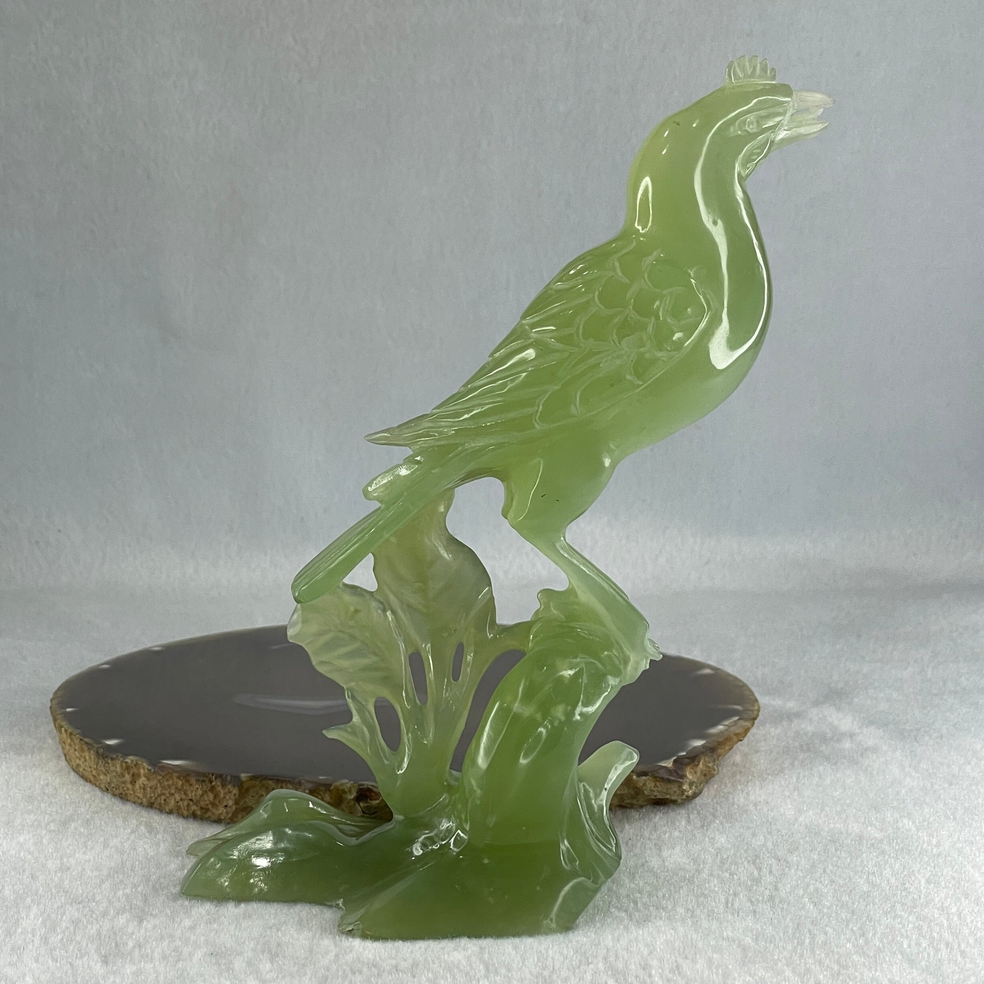 Natural Green Serpentine Bird on Plant with Wooden Stand Display 412.0g 135.0 by 96.0 by 190.0mm - Huangs Jadeite and Jewelry Pte Ltd