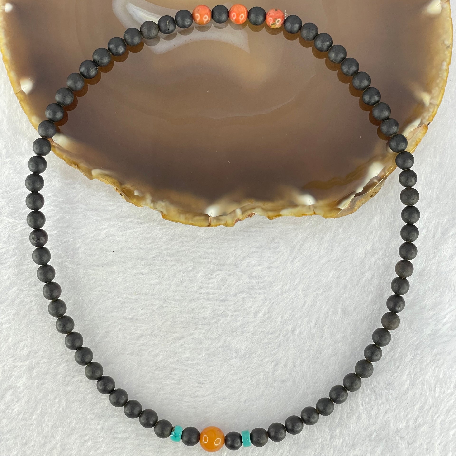 Natural Dark Matt Black Amber Beads Elastic Necklace 天然大黑天翁琥珀项链 10.72g 42cm 8.6mm 1 Beads 6.8mm 67 Beads - Huangs Jadeite and Jewelry Pte Ltd