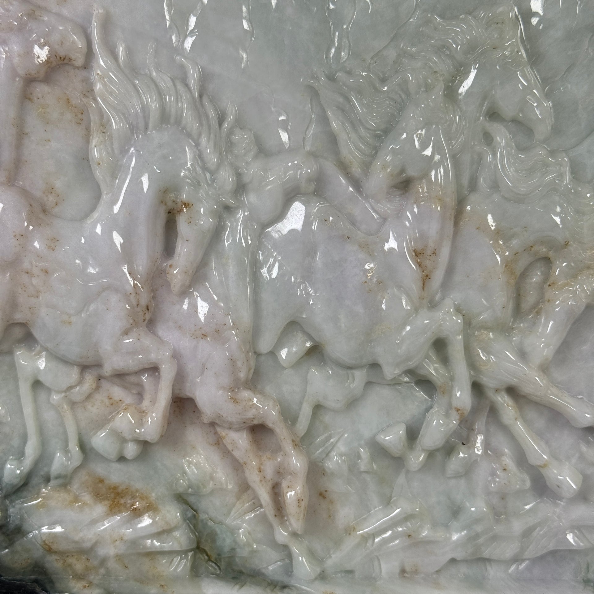 Natural Type A Light Green Light Lavender with Dark Green Patches Jadeite 8 Prosperity Horses with Wooden Stand Display 9,352.7g 275.0 by 100.0 by 360.0mm - Huangs Jadeite and Jewelry Pte Ltd