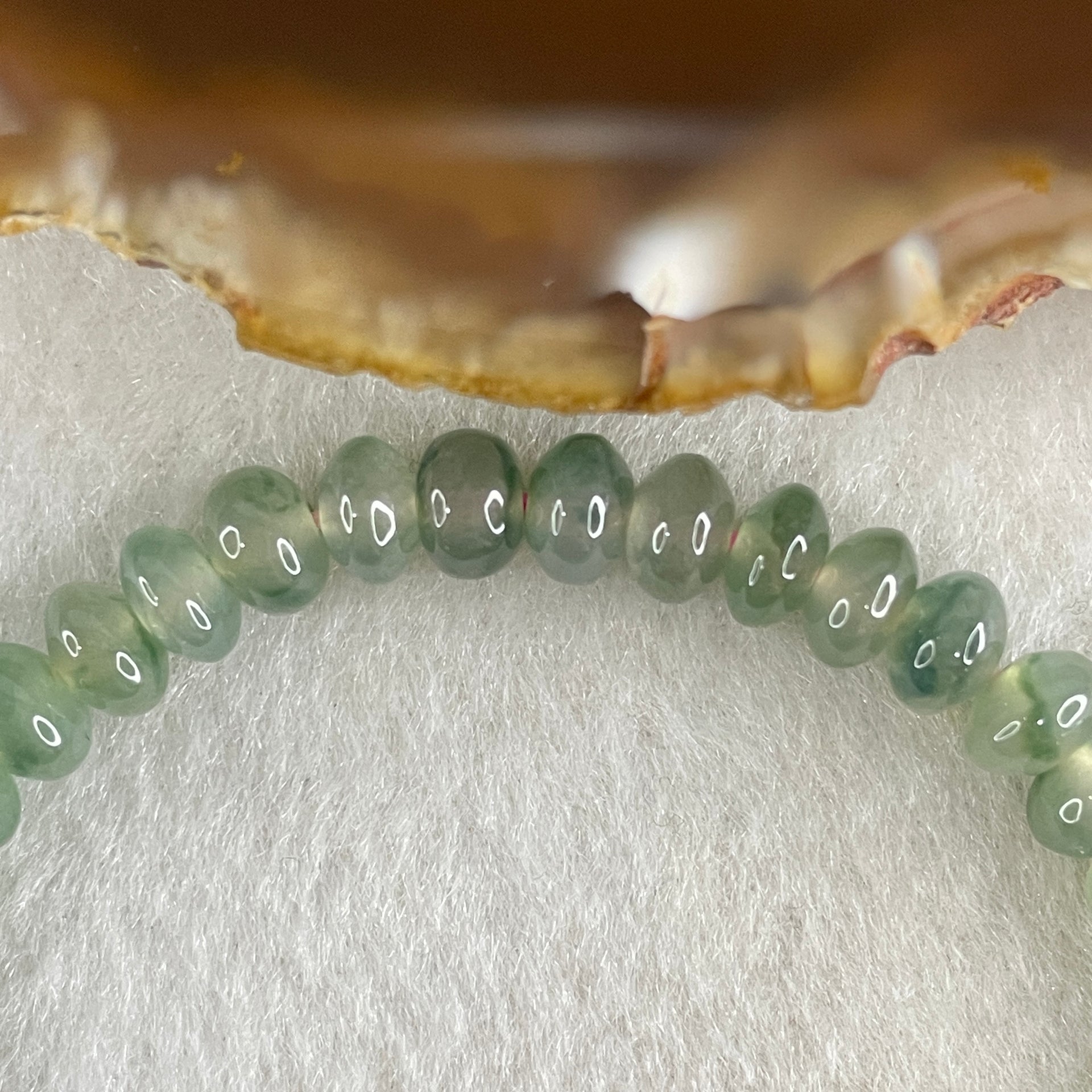 Type A Semi Icy Blueish Green with Green Piao Hua Jadeite Ping An Kou Donut Beads Bracelet 11.40g 14.5cm 6.1mm 42 Beads - Huangs Jadeite and Jewelry Pte Ltd