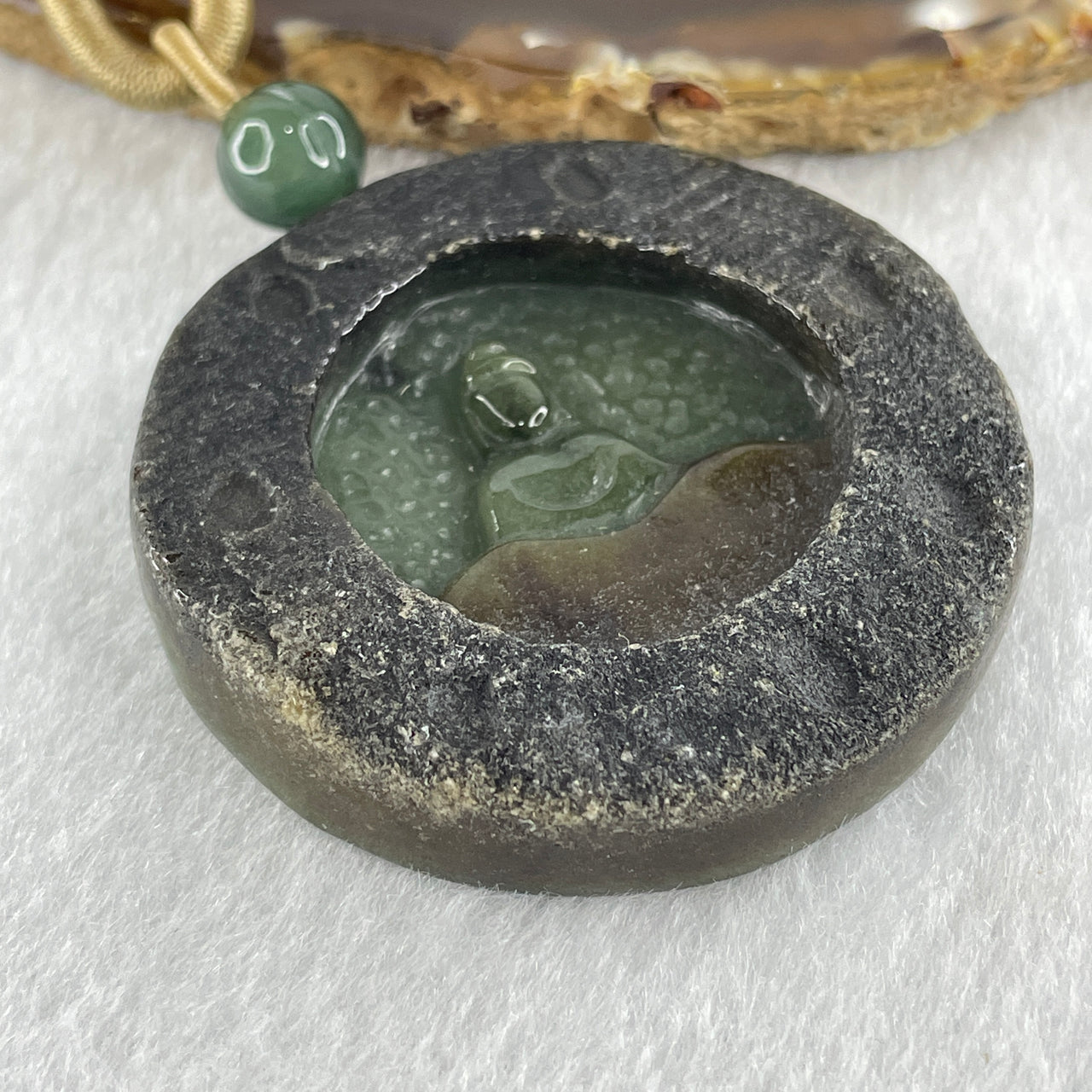 Natural Type A Blueish Green with Brown Jadeite Meditating Buddha Pendant 45.53g 51.5 by 10.3mm
