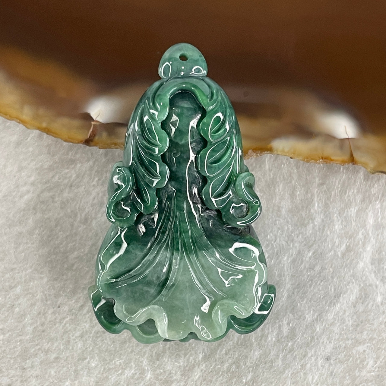 Natural Type A Dark Green with Light Green Piao Hua Jadeite Cabbage Pendant 17.24g 40.2 by 25.4 by 13.5mm - Huangs Jadeite and Jewelry Pte Ltd
