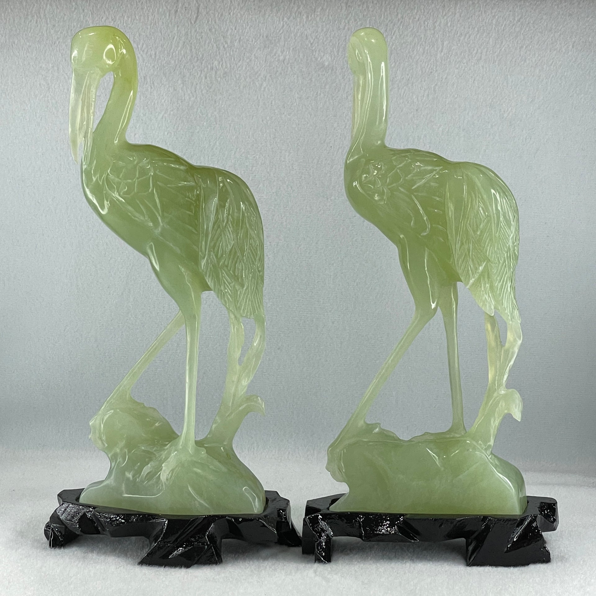 Natural Light Green Serpentine Pair of Cranes Bird with Wooden Stand Display 1,231.1g Each about 135.0 by 60.0 by 240.0mm - Huangs Jadeite and Jewelry Pte Ltd