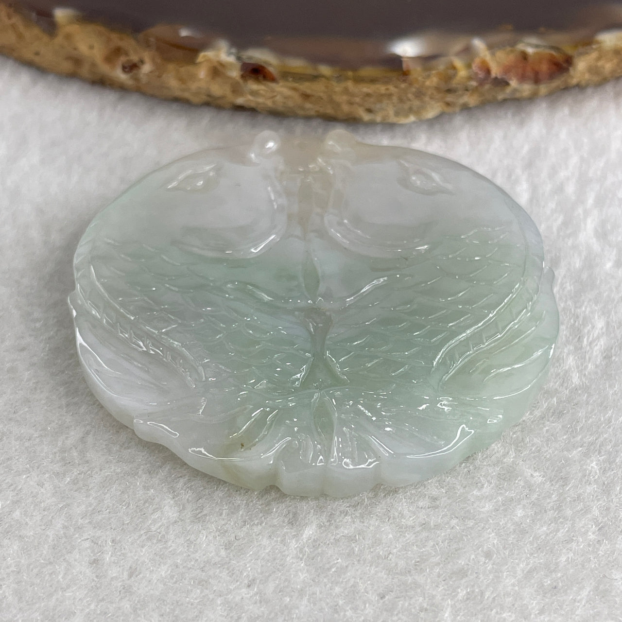 Natural Type A Light Lavender with Green Piao Hua Jadeite Double Fish Pendant 36.55g 52.1 by 6.3mm - Huangs Jadeite and Jewelry Pte Ltd