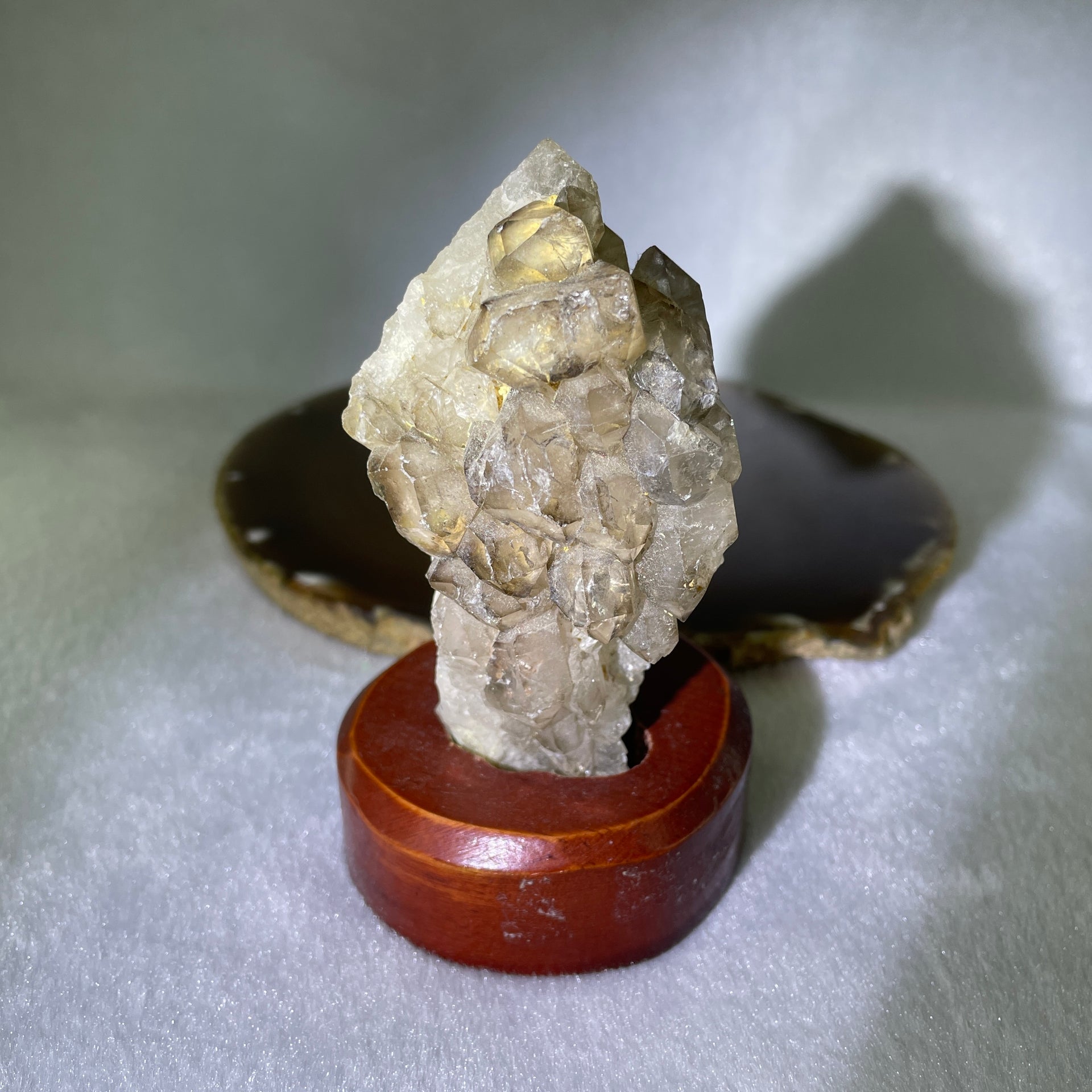Natural Smoky Quartz Rough Irregular Shape Display in Wooden Stand 178.74g 62.1 by 58.2 by 100.0mm - Huangs Jadeite and Jewelry Pte Ltd