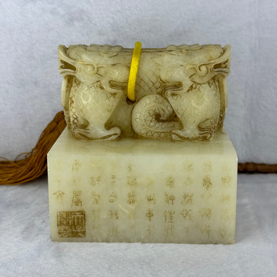 Rare Antique Natural Yellow White Nephrite Double Headed Dragon Seal 2,023.4g 101.4 by 101.0 by 110.0mm - Huangs Jadeite and Jewelry Pte Ltd