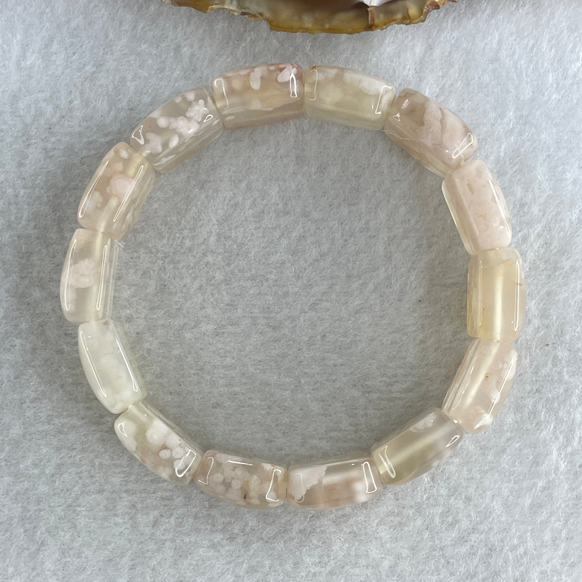 Natural Pinkish Flower Agate Shou Pai Bracelet 38.03g 16.5cm 14.2mm 14 Pcs - Huangs Jadeite and Jewelry Pte Ltd