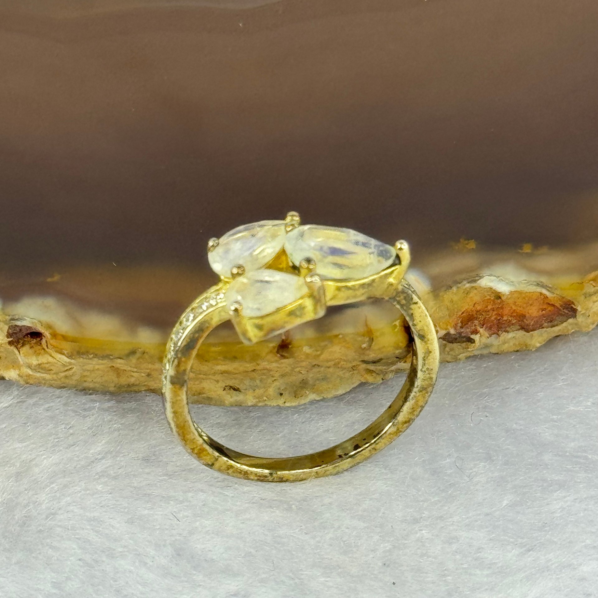 Natural Moonstone In S925 Sliver Ring in Gold Color 2.34g 8.5 by 4.8 by 3.1mm US6 HK13 - Huangs Jadeite and Jewelry Pte Ltd