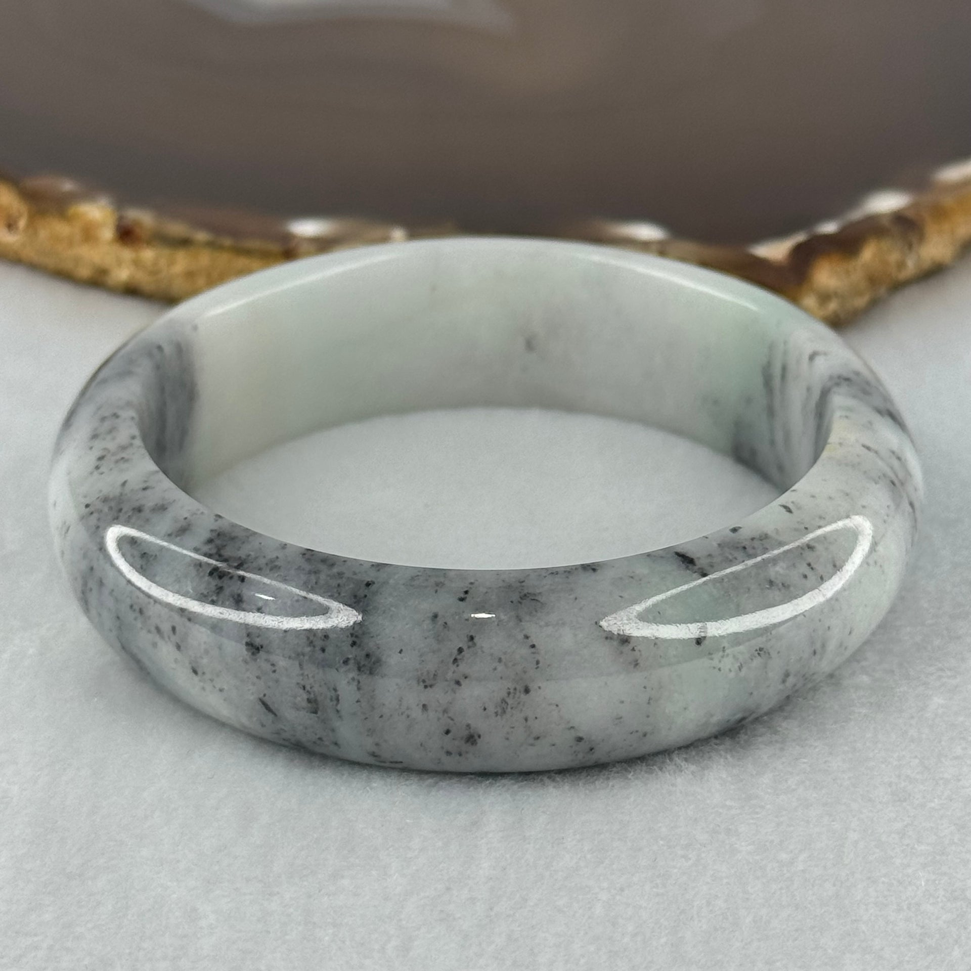 Type A Jadeite Faint Green Wuji Grey Piao Hua Bangle Internal Diameter 56.7mm 77.66g 16.7 by 8.8mm (Close to Perfect) - Huangs Jadeite and Jewelry Pte Ltd