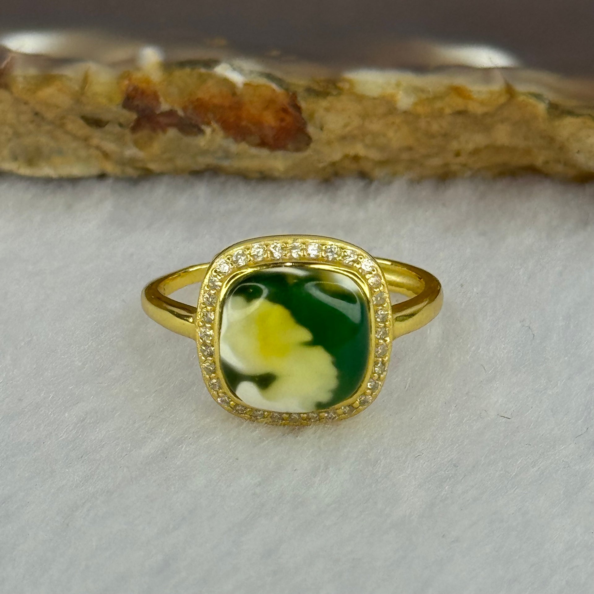 Natural Green Amber with Milk Inclusions in S925 Sliver Gold Color Ring (Adjustable Size) 2.31g 9.5 by 3.0mm - Huangs Jadeite and Jewelry Pte Ltd