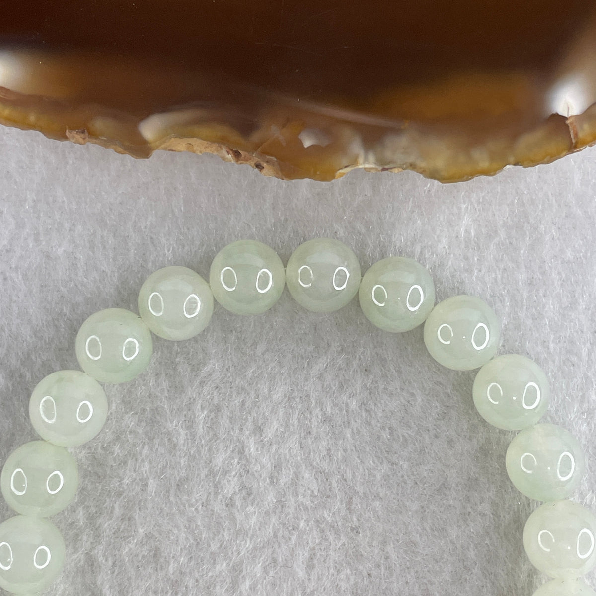 Natural Type A Jelly Light Green Jadeite Beads Bracelet | (24.96g | 20cm | 8.1mm x 24 Beads | Heart Chakra Radiance, "Ping An" Smooth Luck & Feng Shui Prosperity Catalyst) - Huangs Jadeite and Jewelry Pte Ltd