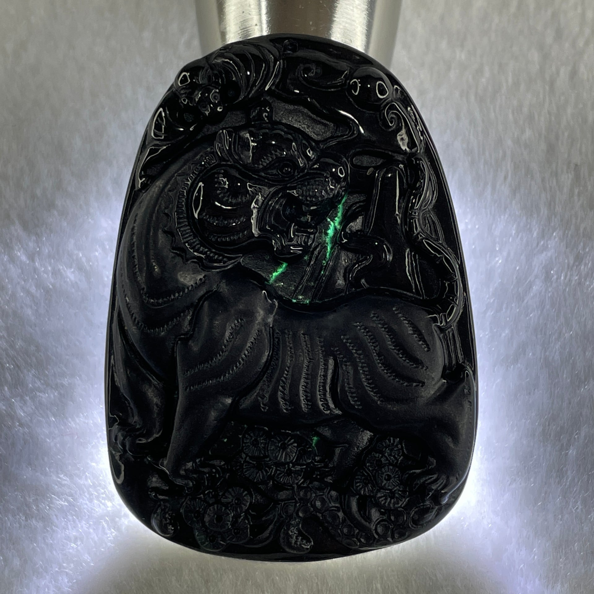 Type A Opaque to Partial Translucent Black Omphacite Jadeite Tiger Pendant 24.24g 56.8 by 40.5 by 7.5mm - Huangs Jadeite and Jewelry Pte Ltd