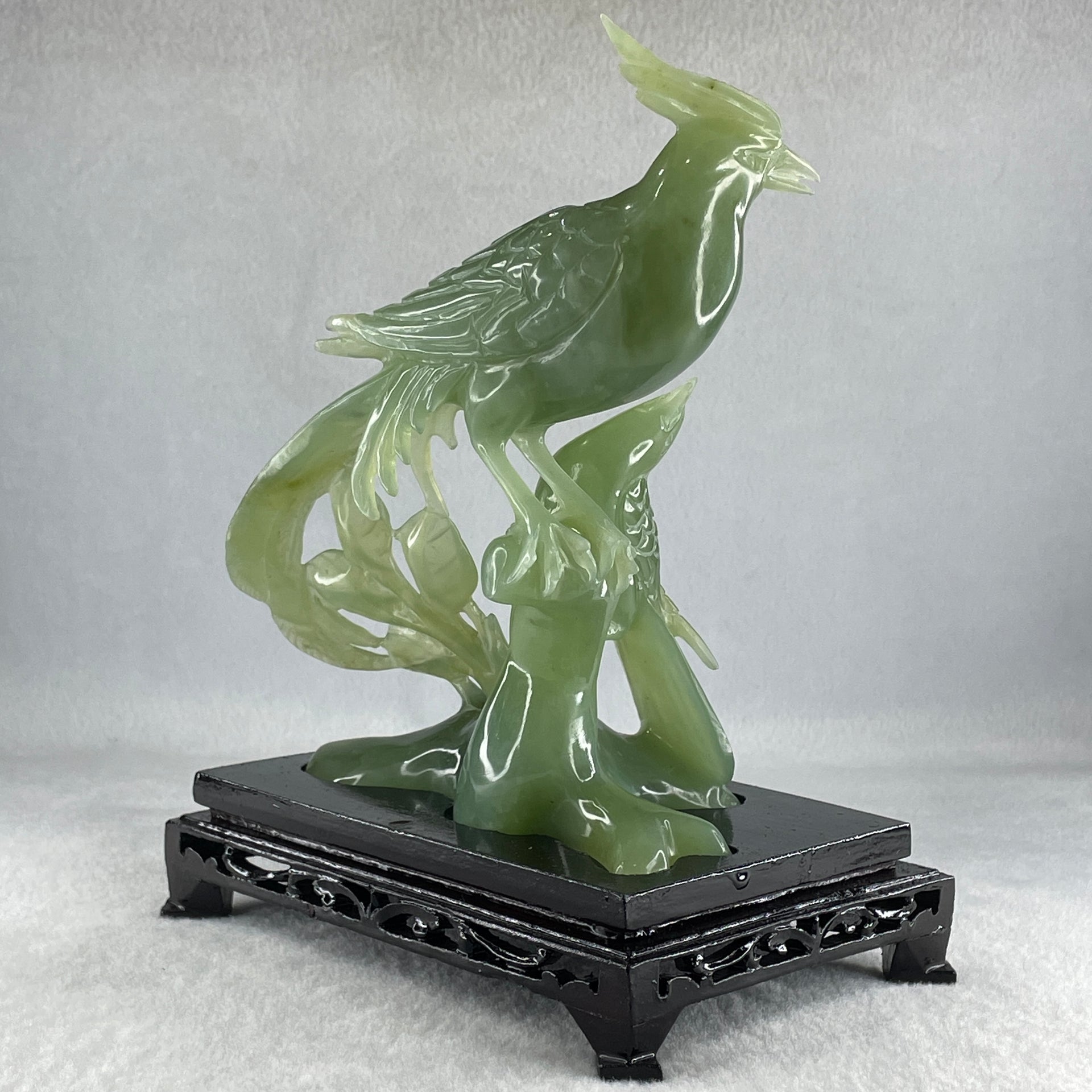 Natural Green Serpentine Double Phoenix on Tree with Wooden Stand Display 725.5g 169.0 by 210.0 by 112.0mm - Huangs Jadeite and Jewelry Pte Ltd