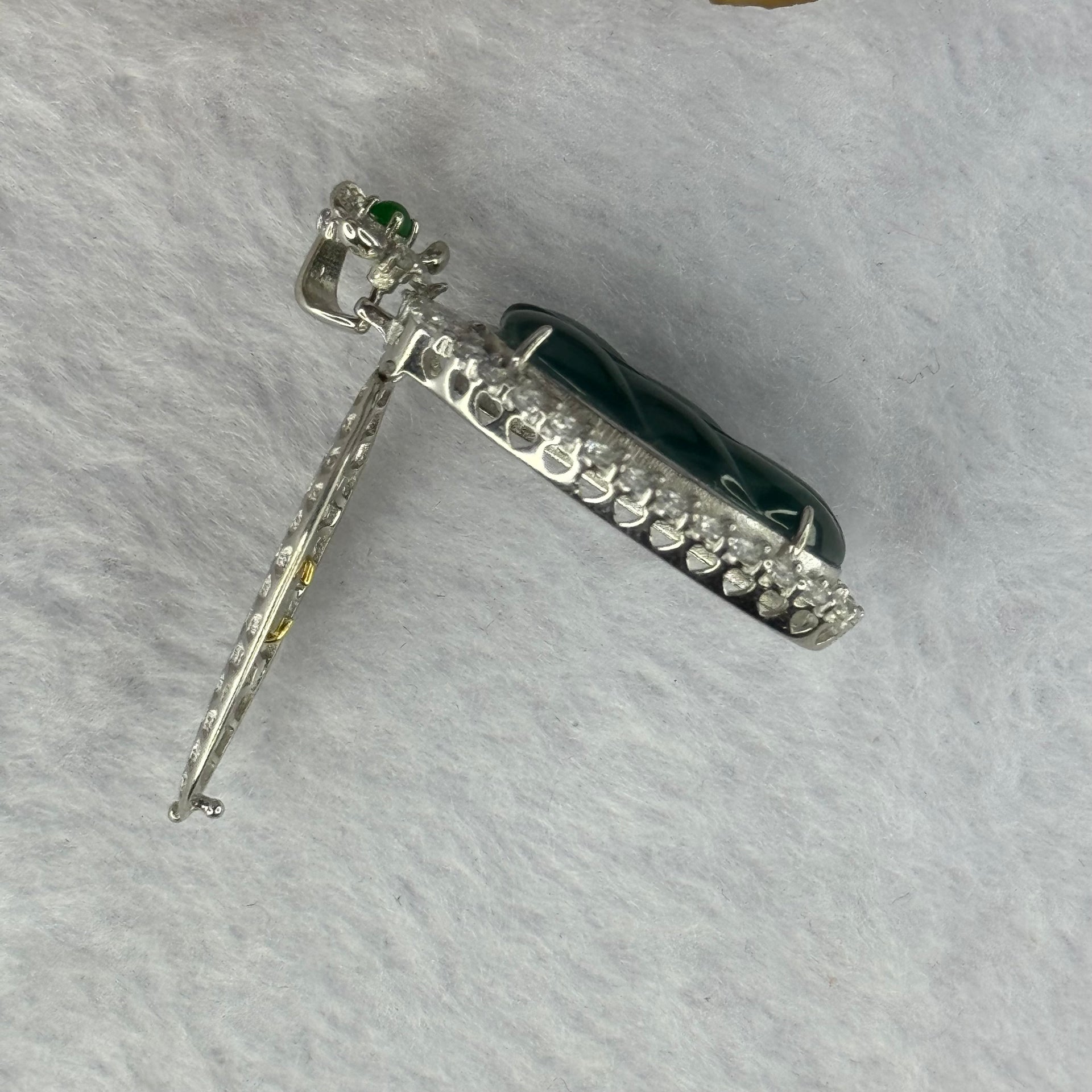 Type A ICY Blueish Green Jadeite Leaf in S925 Silver with Crystals Pendent 7.30g 23.5 by 13.5 by 3.0mm - Huangs Jadeite and Jewelry Pte Ltd