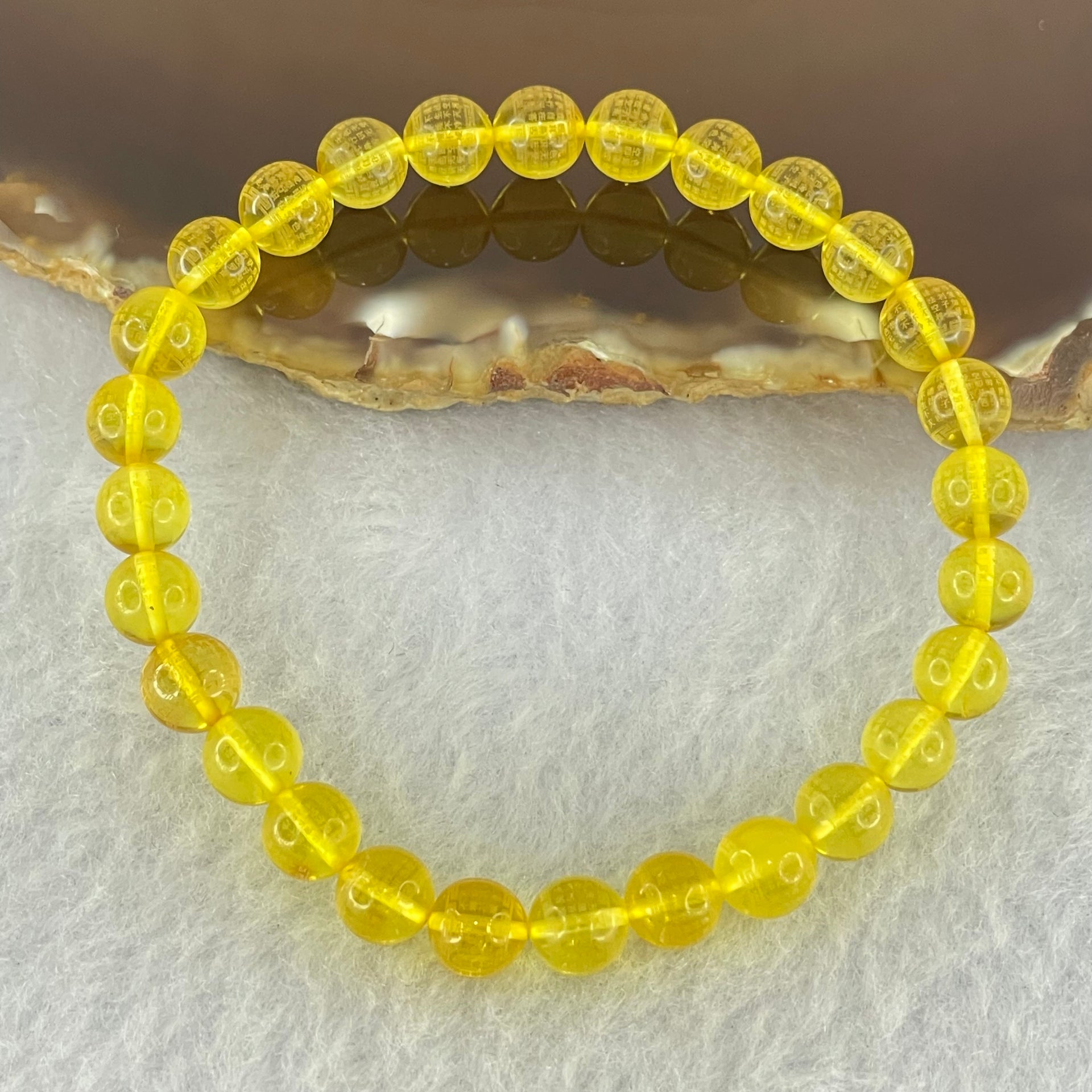 Natural Yellow Amber Beads with Inscription Bracelet 4.38g 15.5cm 6.7mm 28 Beads - Huangs Jadeite and Jewelry Pte Ltd