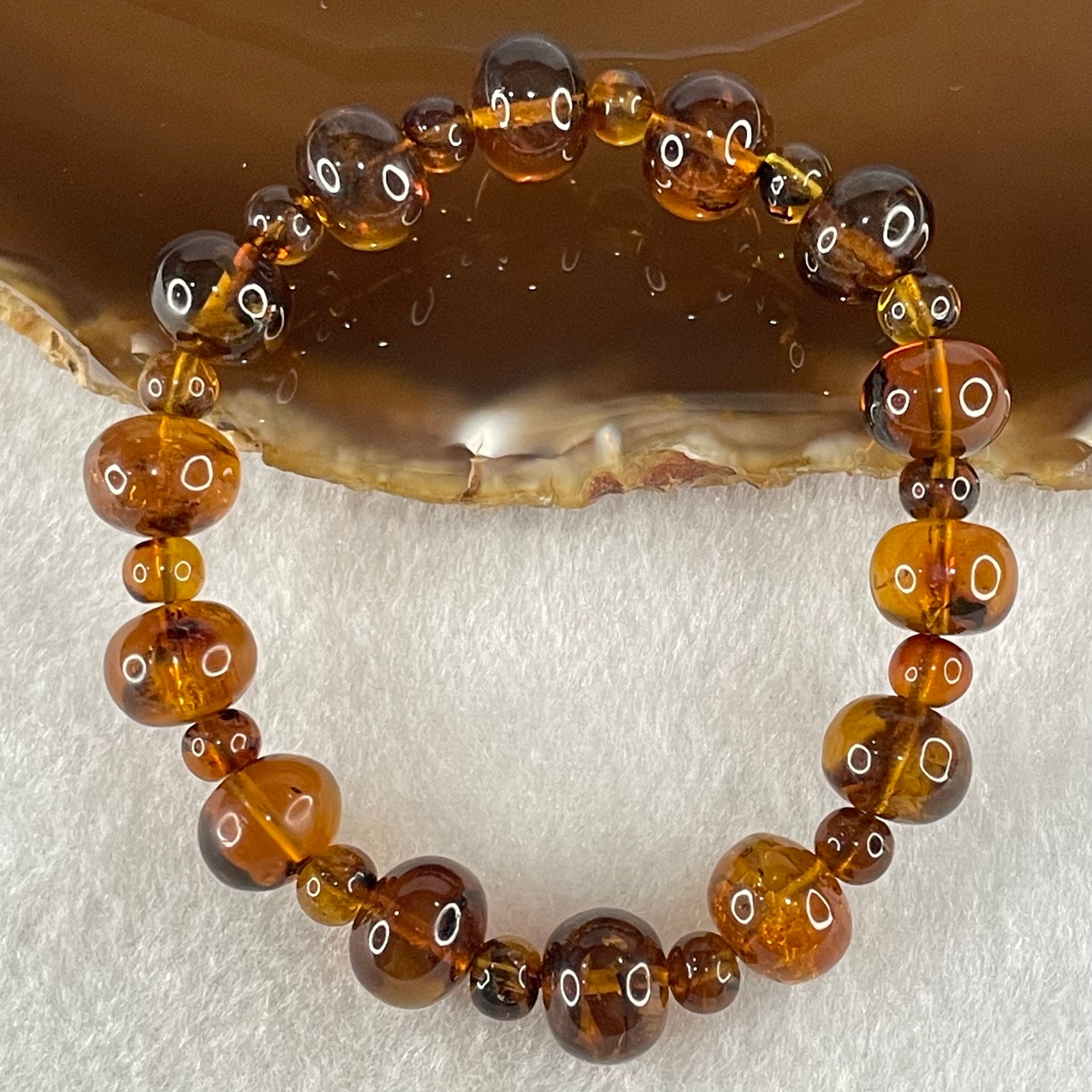 Natural Dark Brownish Yellow Flower Amber Beads Bracelet 9.56g 15.5cm 10.8mm 14 Beads 5.9mm 14 Beads - Huangs Jadeite and Jewelry Pte Ltd