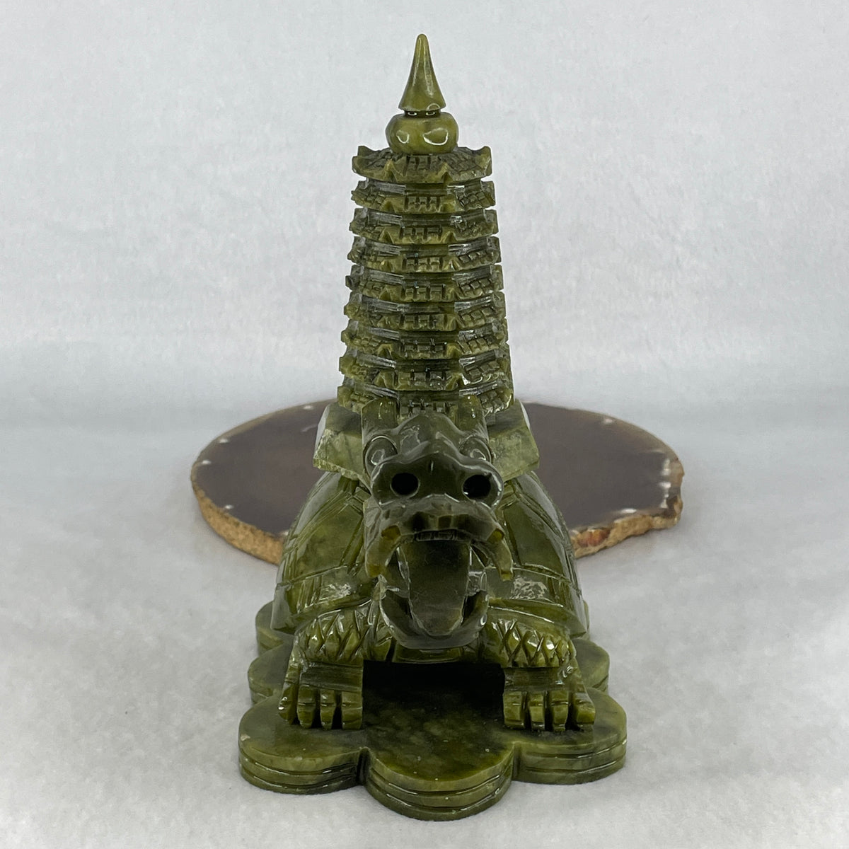 Natural Green Serpentine Pagoda on Dragon Turtle Carving Display | Certified Untreated Carved Gemstone Sculpture (1,225.2g | 180.0 x 92.0 x 175.0mm)