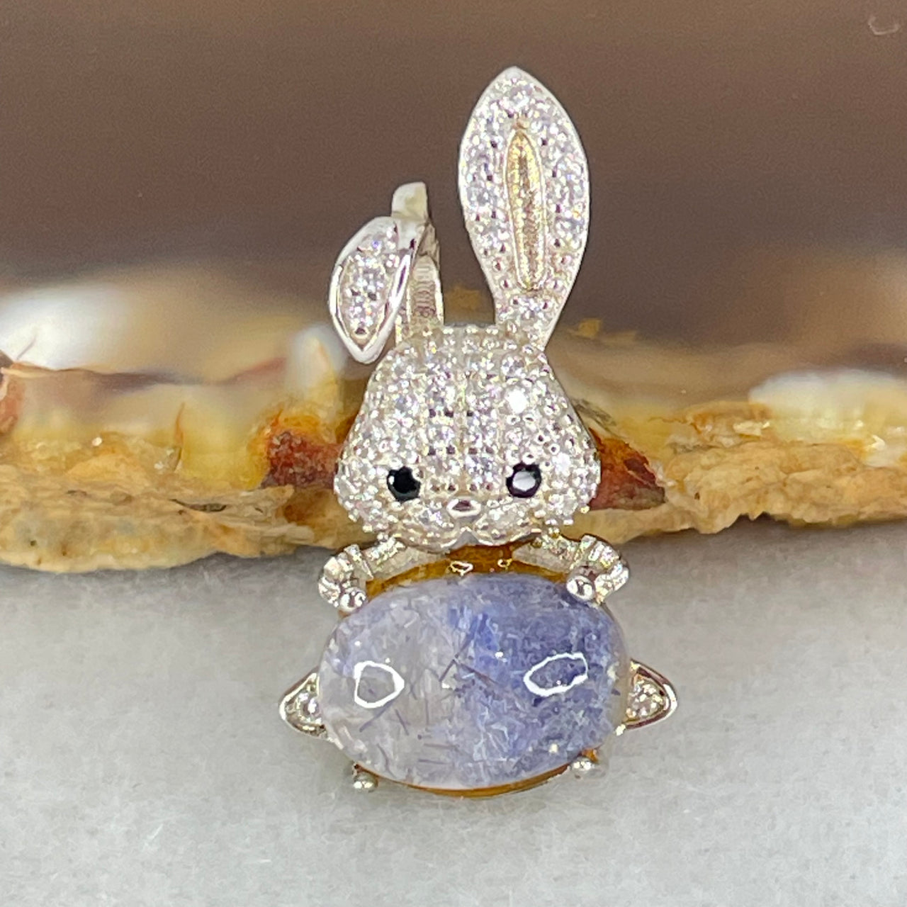 Rare Natural Blue Dumortierite Rutilated Quartz in S925 Sliver Rabbit Pendant 2.49g 9.8 by 6.5 by 4.5mm - Huangs Jadeite and Jewelry Pte Ltd