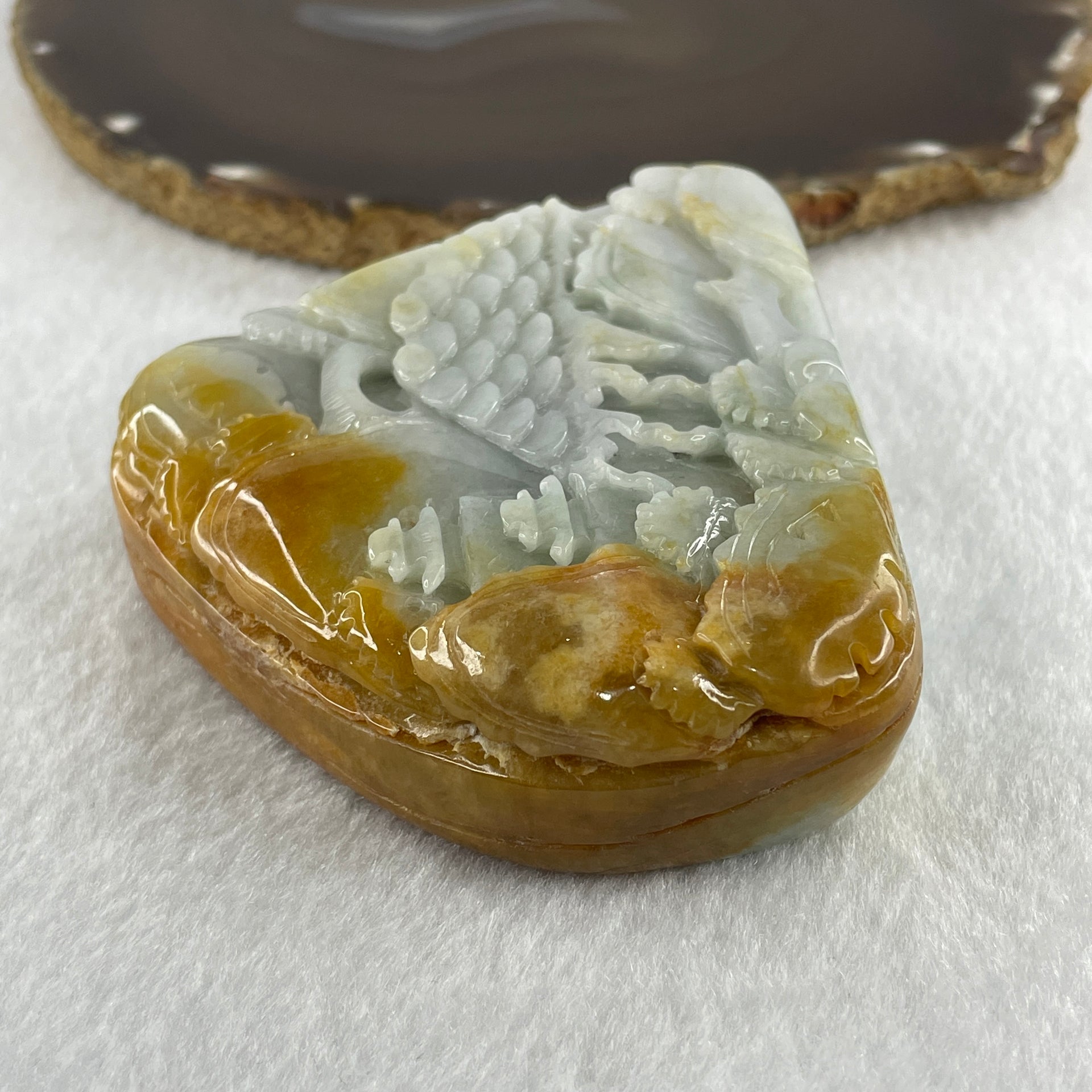 Natural Type A Light Green with Faint Lavender with Yellow Jadeite Shan Shui Scenic with Gui Ren Benefactor Display 355.47g 71.4 by 95.6 by 25.9mm - Huangs Jadeite and Jewelry Pte Ltd