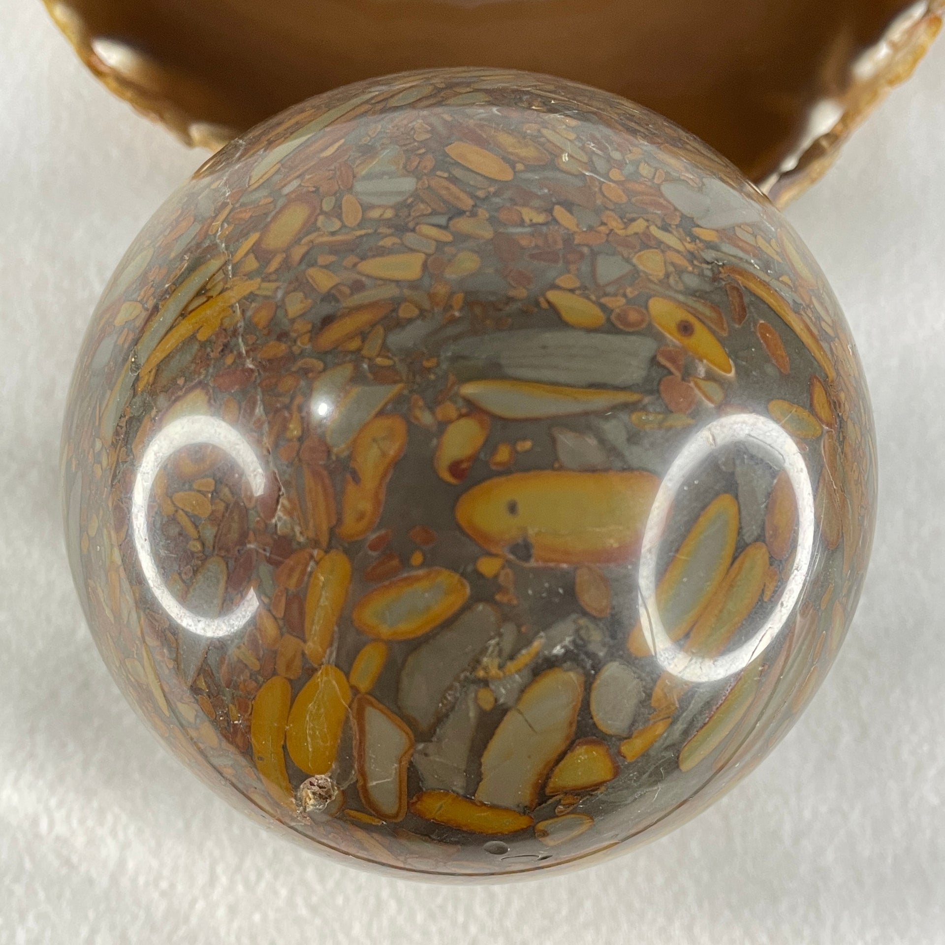 Natural Brecciated Jasper Ball Display with Wooden Stand 1641.2g 95.6 by 165.0mm - Huangs Jadeite and Jewelry Pte Ltd