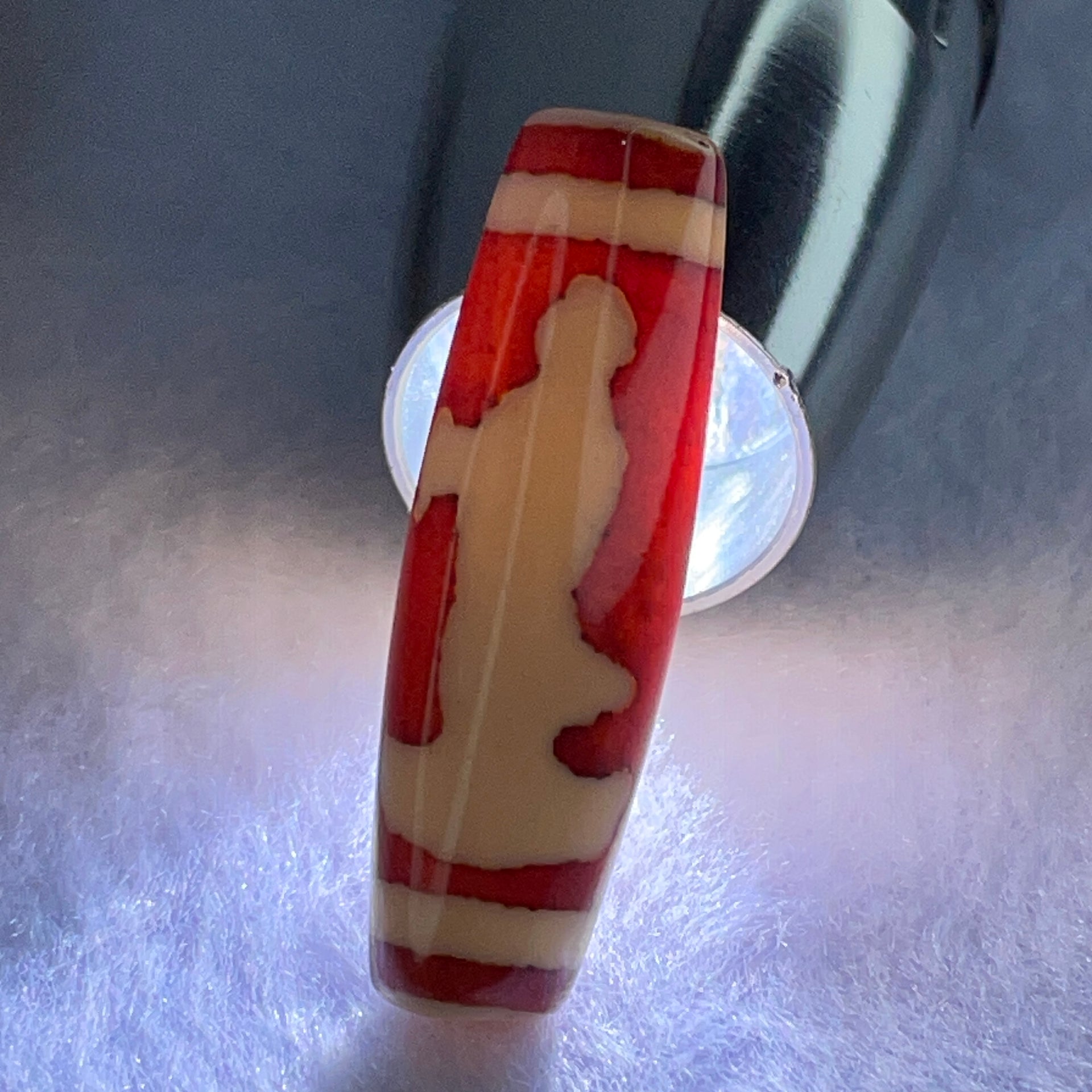Natural Powerful Tibetan Old Oily Red and Yellowish White Agate Guan Yin Dzi Bead Heavenly Master (Tian Zhu) 观音天诛 8.34g 37.9 by 11.9mm - Huangs Jadeite and Jewelry Pte Ltd